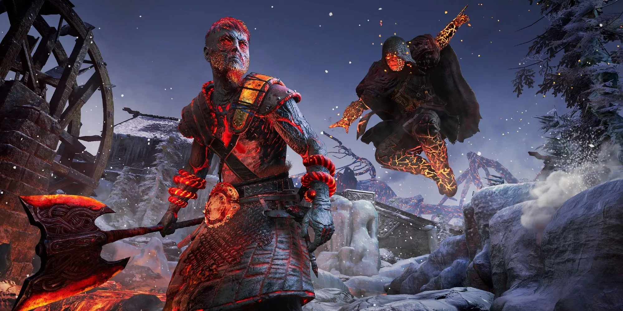 Eivor tấn công kẻ địch trong bối cảnh Asgard của DLC Assassin's Creed Valhalla