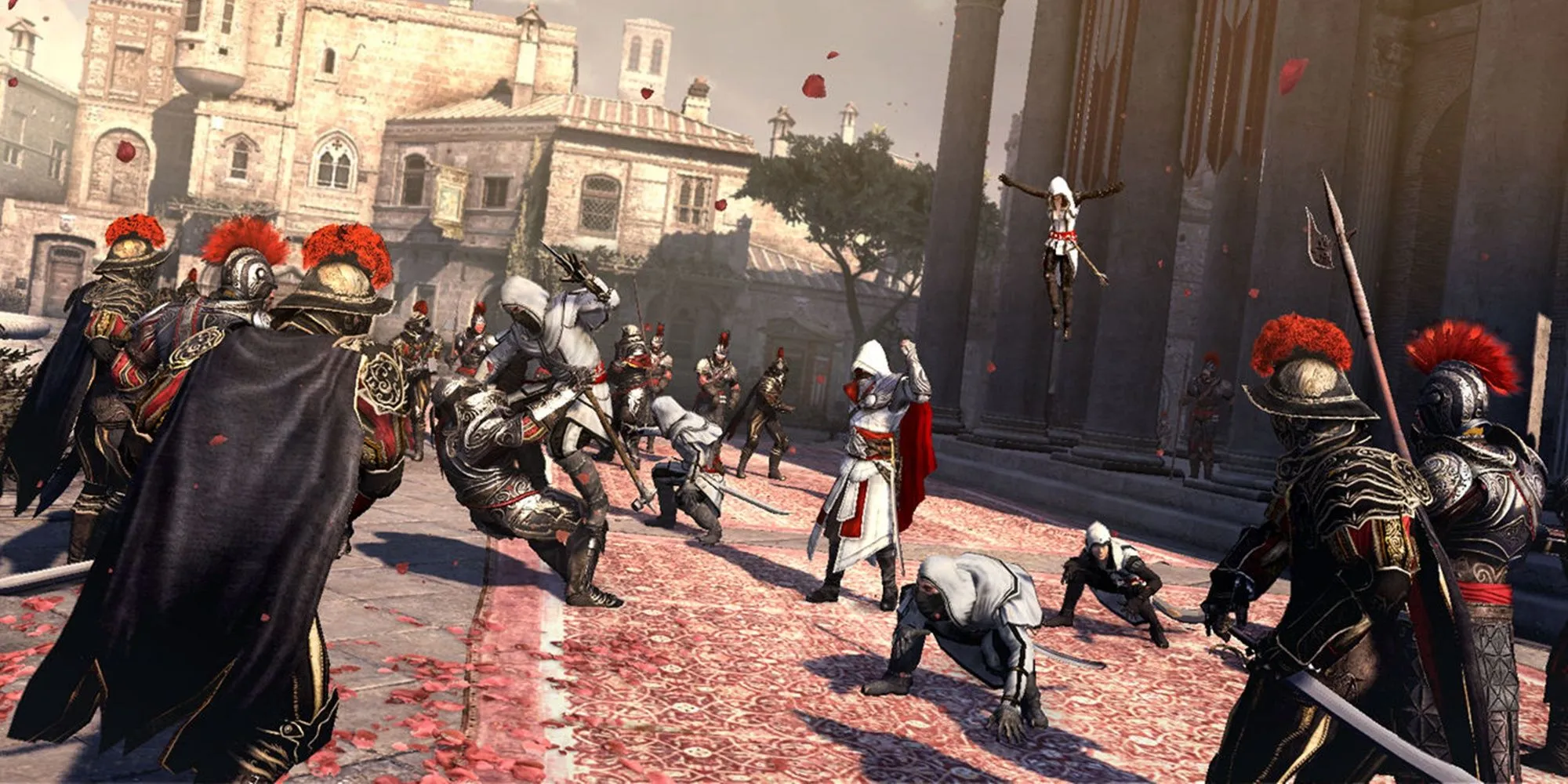 Ezio Auditore chiến đấu với lính gác cùng đồng minh trong Assassin's Creed Brotherhood tại Rome
