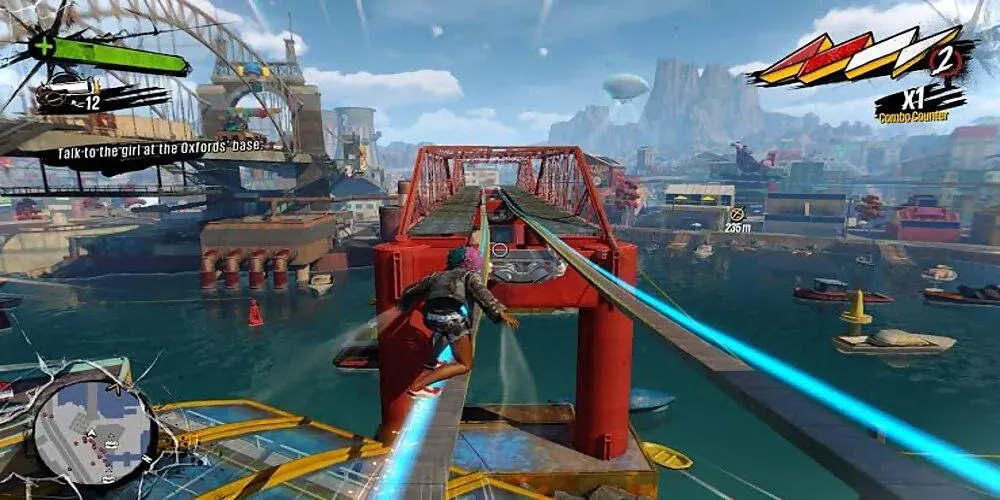 Gameplay Sunset Overdrive với nhân vật đang trượt trên dây điện, thể hiện đồ họa màu sắc và lối chơi hành động nhanh