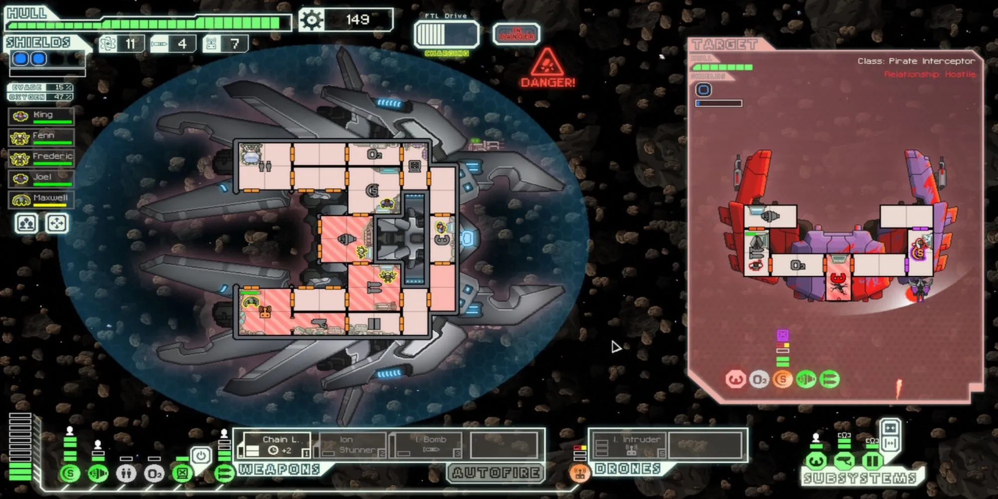 Giao diện quản lý tàu vũ trụ trong game chiến thuật Roguelike FTL Faster Than Light