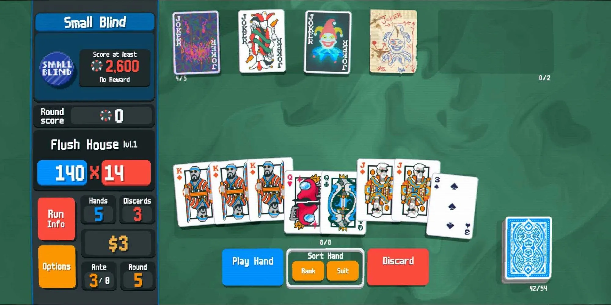 Hình ảnh bộ bài Flush House trong game chiến thuật thẻ bài roguelike Balatro