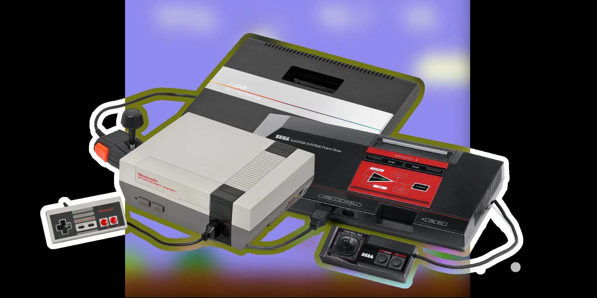 Hình ảnh các console thế hệ thứ ba, bao gồm NES, Atari 7800, và Master System