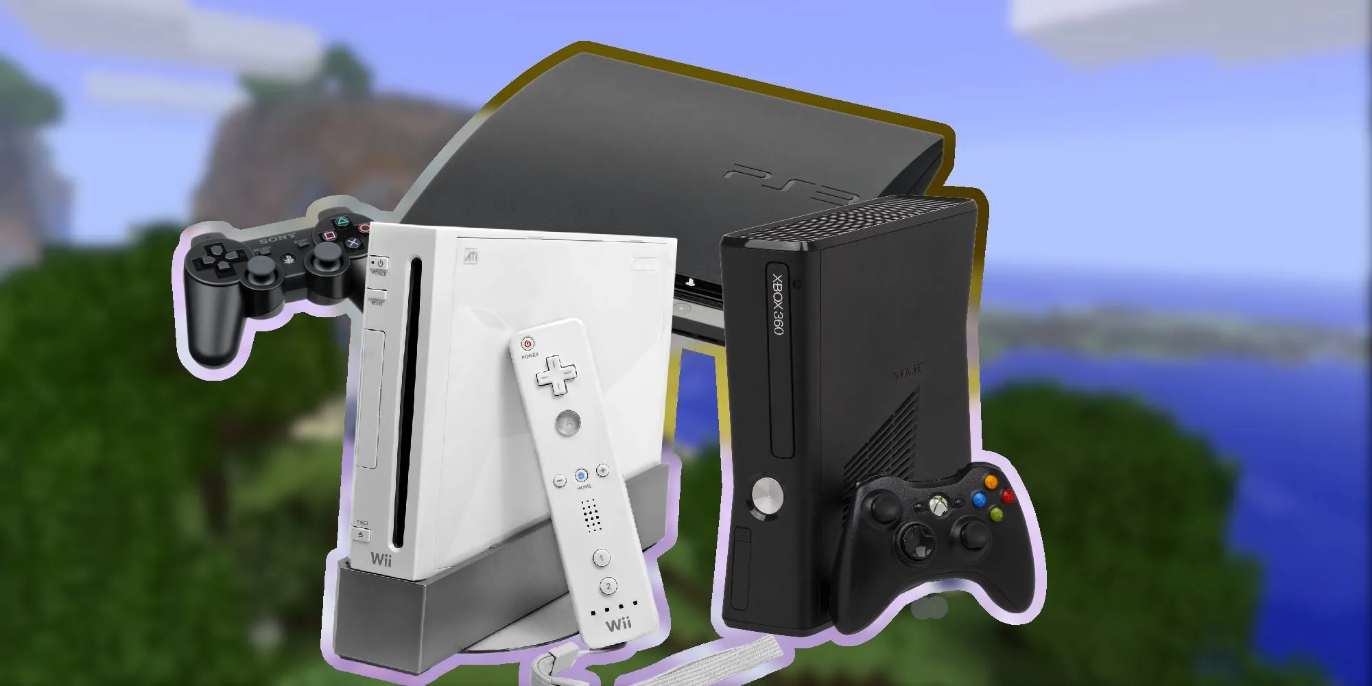 Hình ảnh các console thế hệ thứ bảy, bao gồm Wii, PS3, và Xbox 360