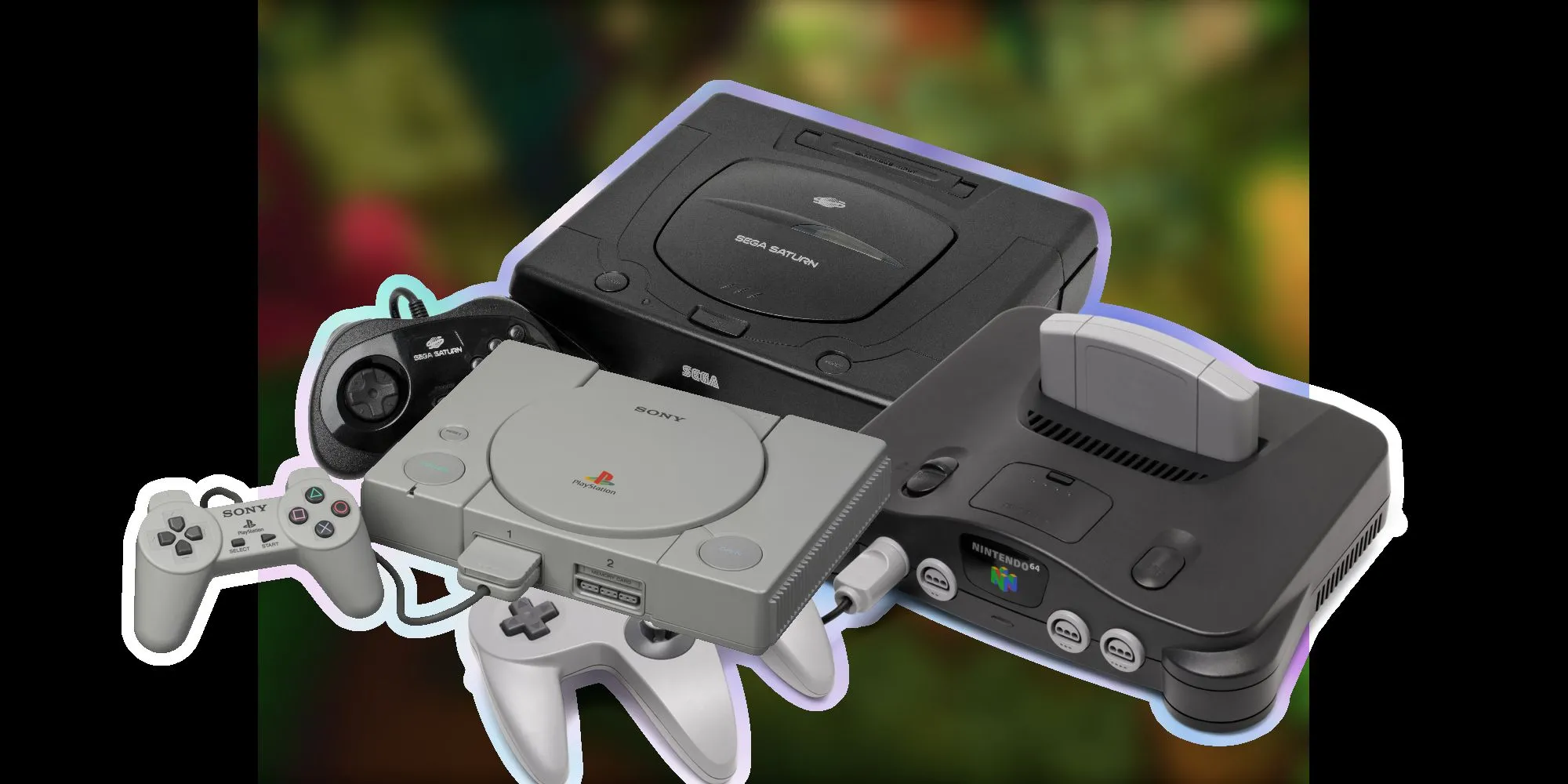 Hình ảnh các console thế hệ thứ năm, bao gồm PS1, Sega Saturn, và N64