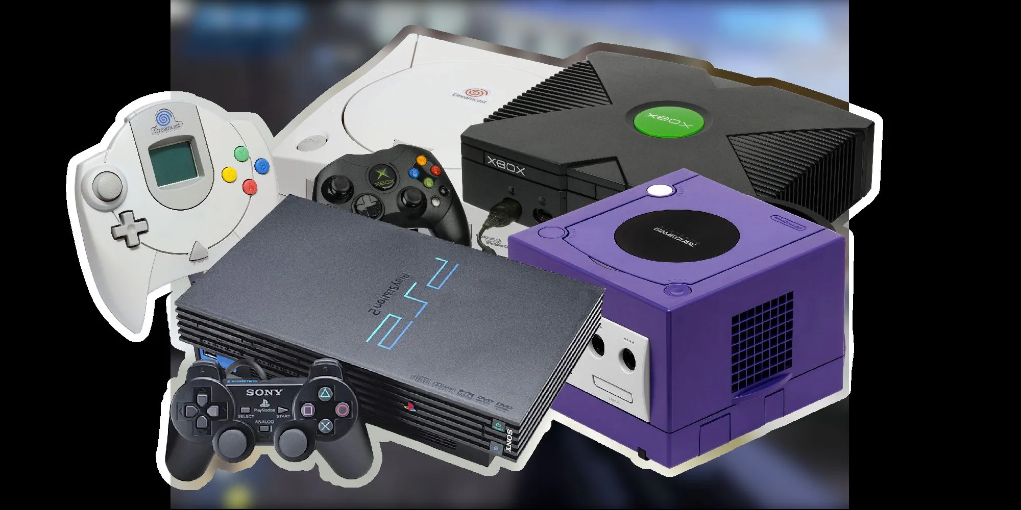 Hình ảnh các console thế hệ thứ sáu, bao gồm Dreamcast, PS2, Gamecube, và Xbox