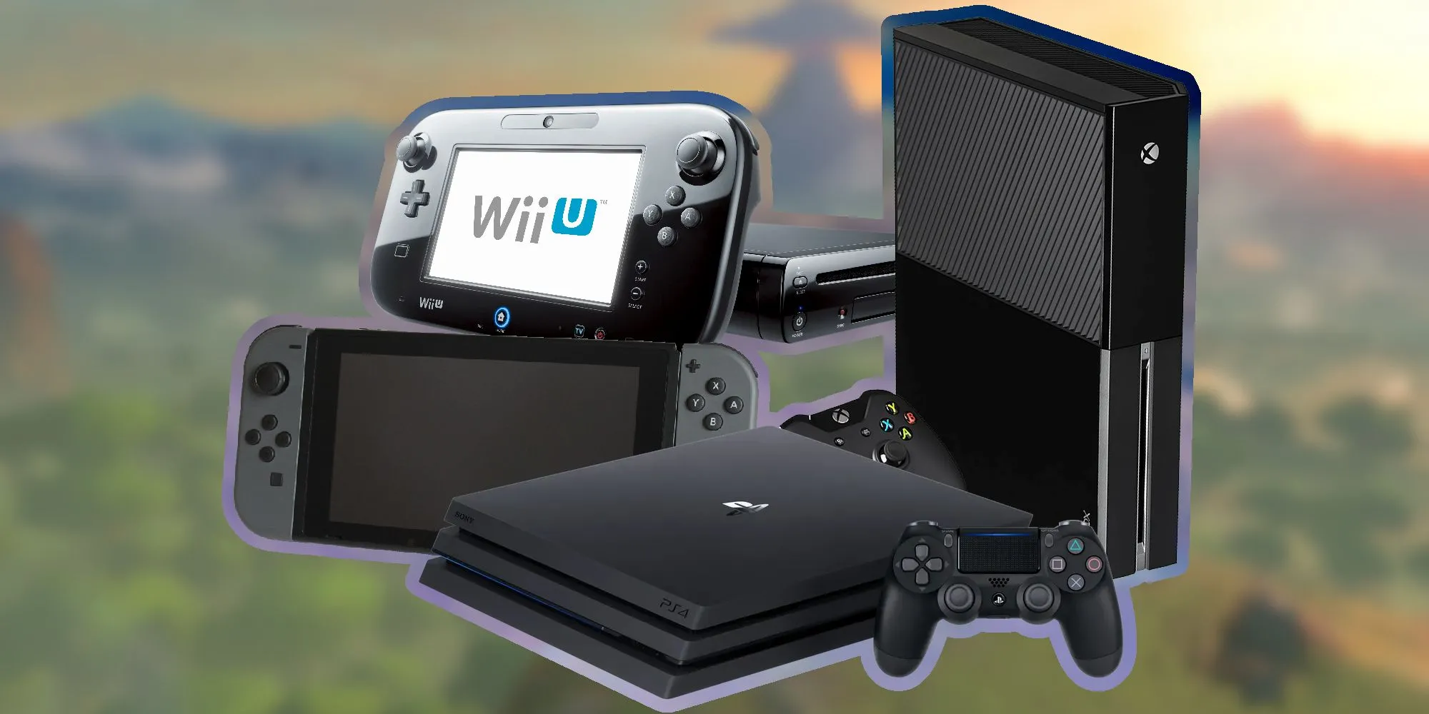 Hình ảnh các console thế hệ thứ tám, bao gồm PS4, Switch, Wii U, và Xbox One
