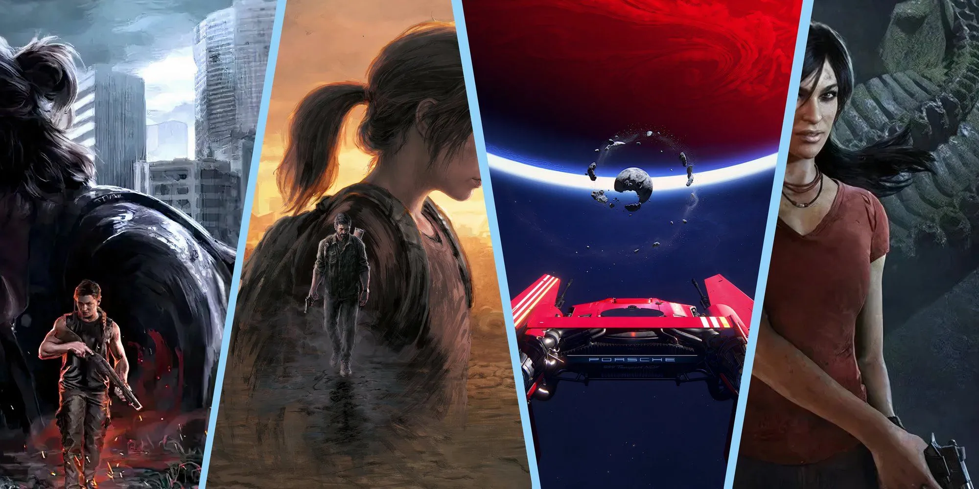 Hình ảnh chủ đạo 4 game của Naughty Dog: The Last of Us Part 1, The Last of Us Part 2, Uncharted: Lost Legacy và Intergalactic