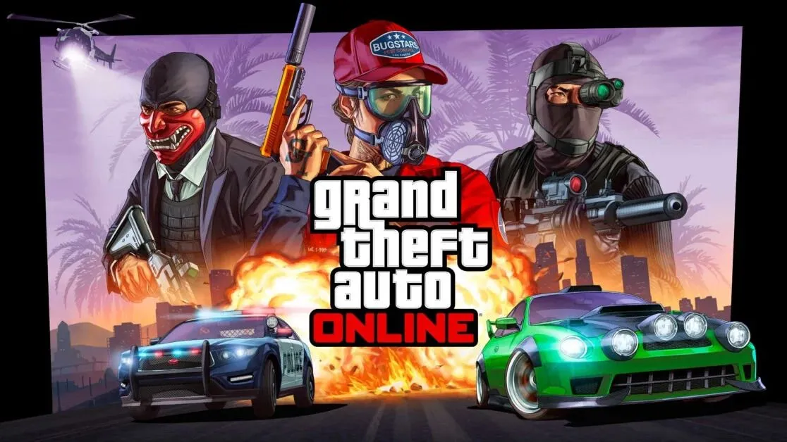 Hình ảnh quảng bá chế độ GTA Online với xe cộ và nhân vật đặc trưng