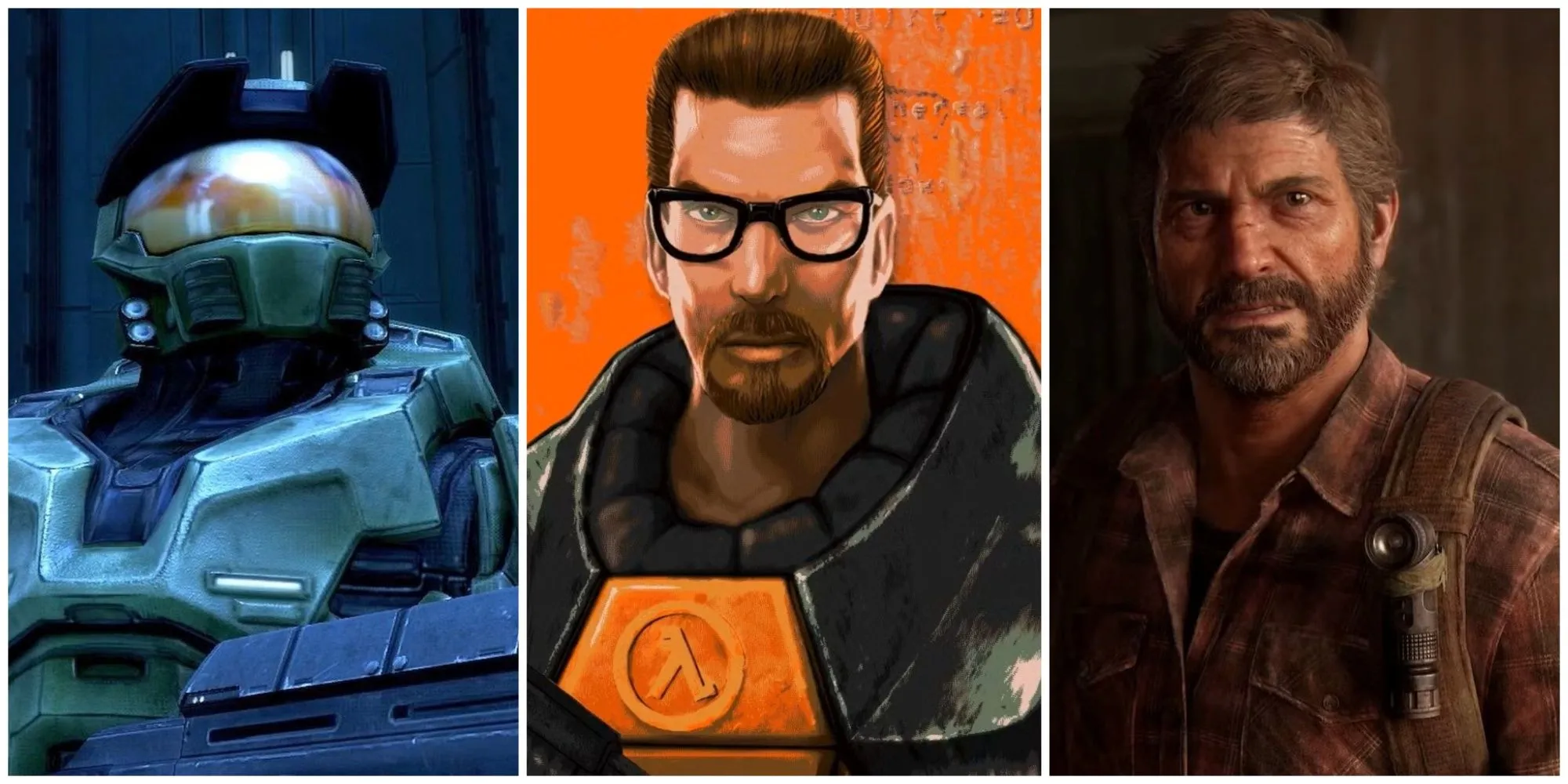 Image containing screenshots of Halo: Combat Evolved and The Last of Us: Part I, and a promotional image of Half-Life