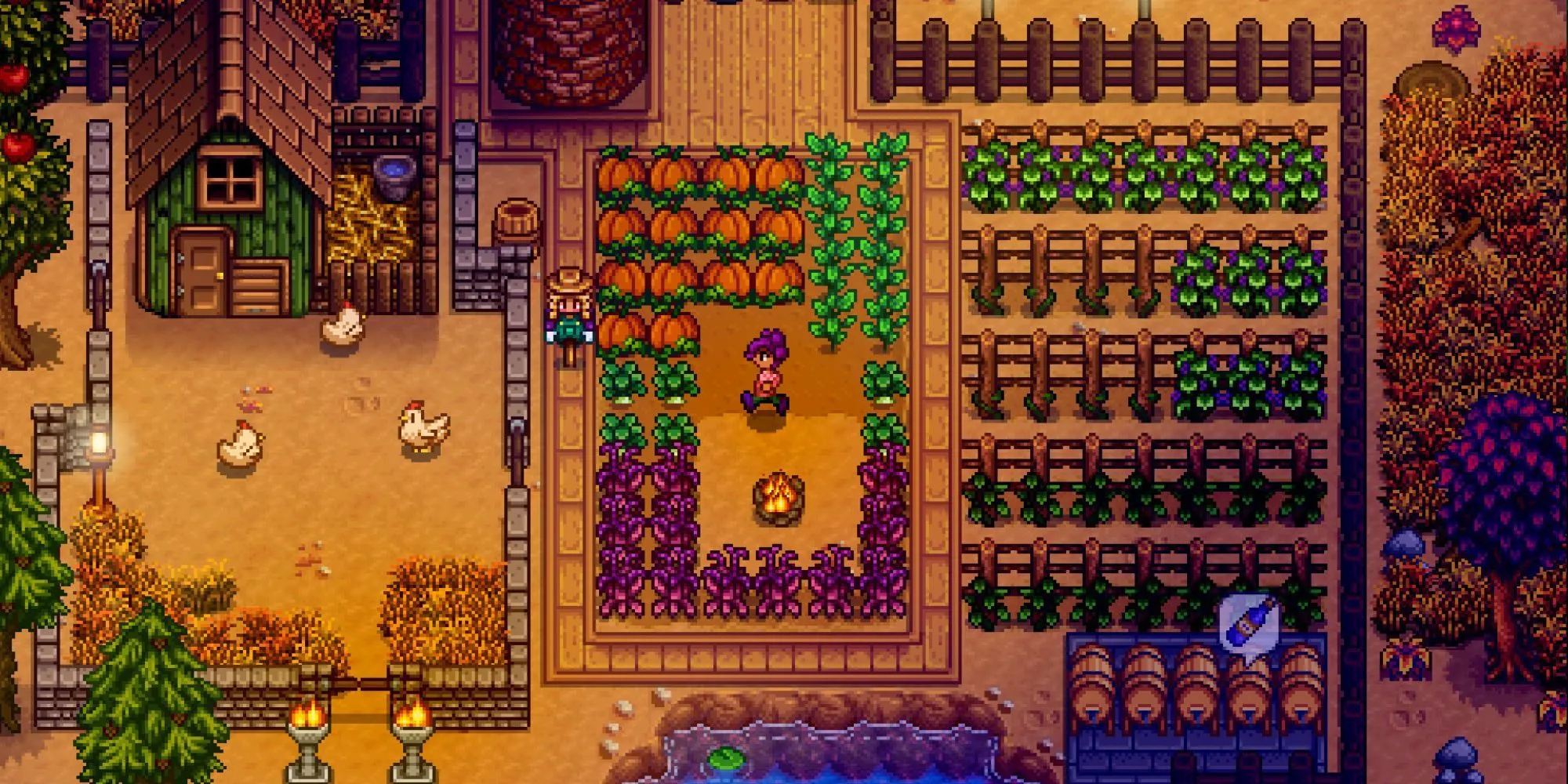 Khung cảnh nông trại trong Stardew Valley, nơi người chơi có thể trồng trọt nguyên liệu nấu ăn