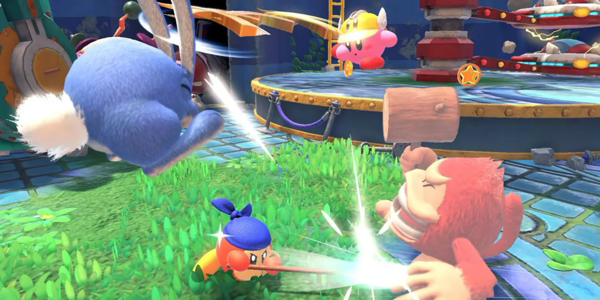 Kirby và Bandana Waddle Dee trong một cảnh chơi game Kirby and the Forgotten Land