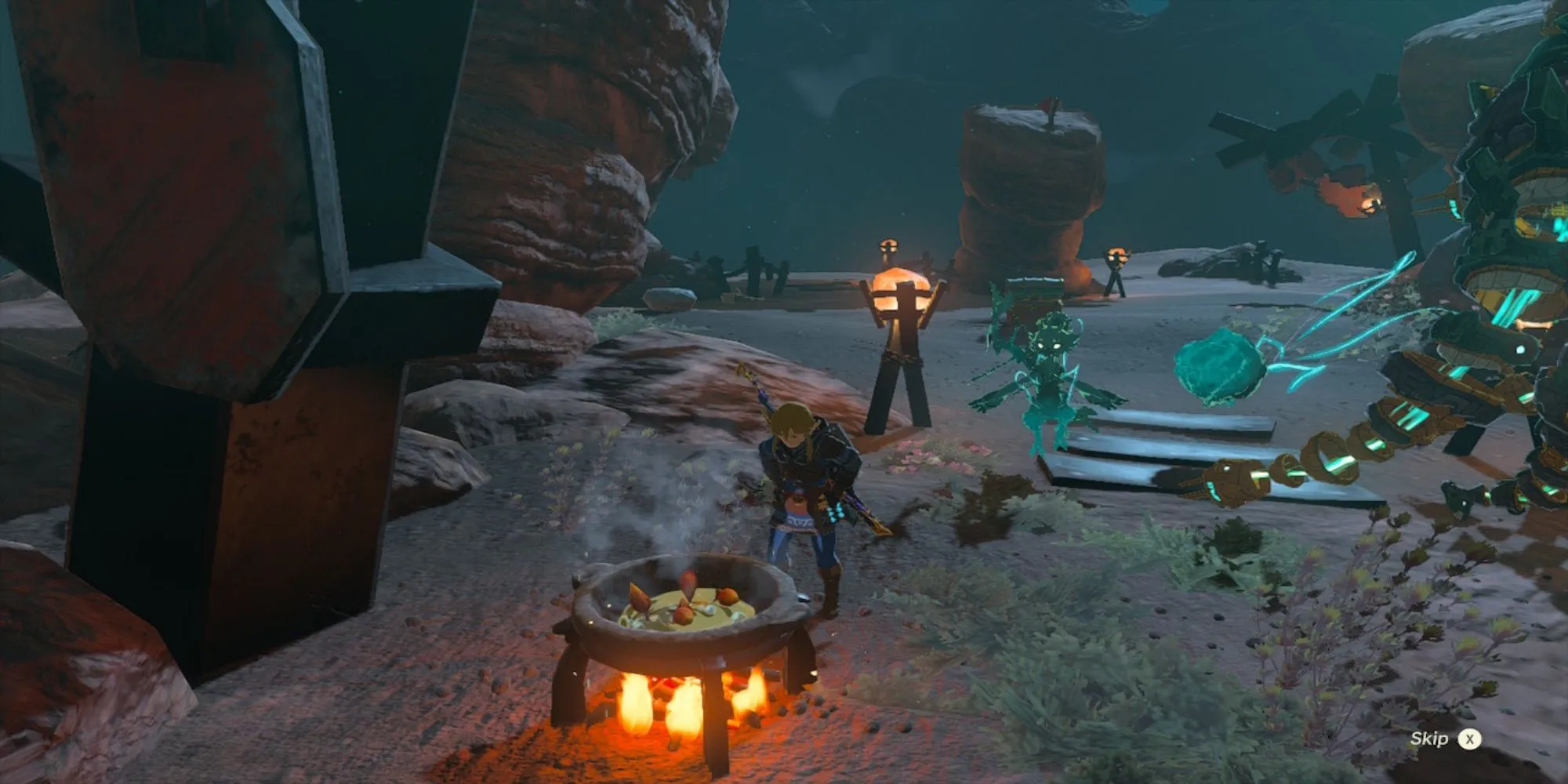 Link đang nấu ăn tại một bếp lửa trong The Legend of Zelda: Tears of the Kingdom, một tính năng sinh tồn quan trọng