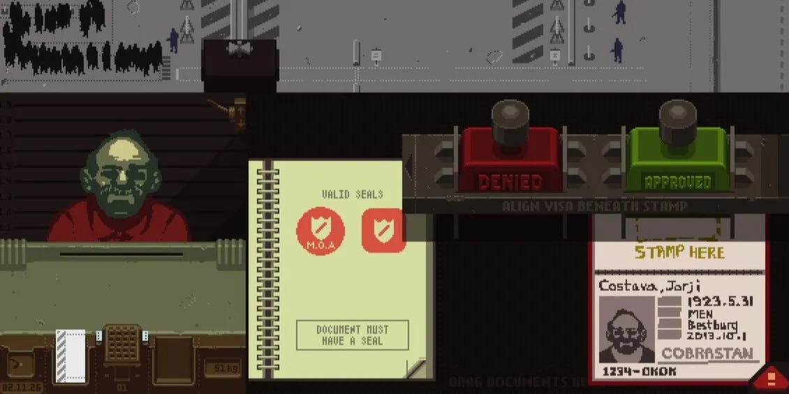 Người chơi đang kiểm tra hộ chiếu trong game mô phỏng Papers Please