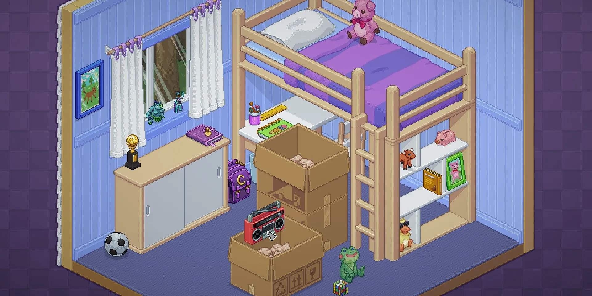 Người chơi đang mở hộp và sắp xếp đồ đạc vào phòng ngủ trong game Unpacking