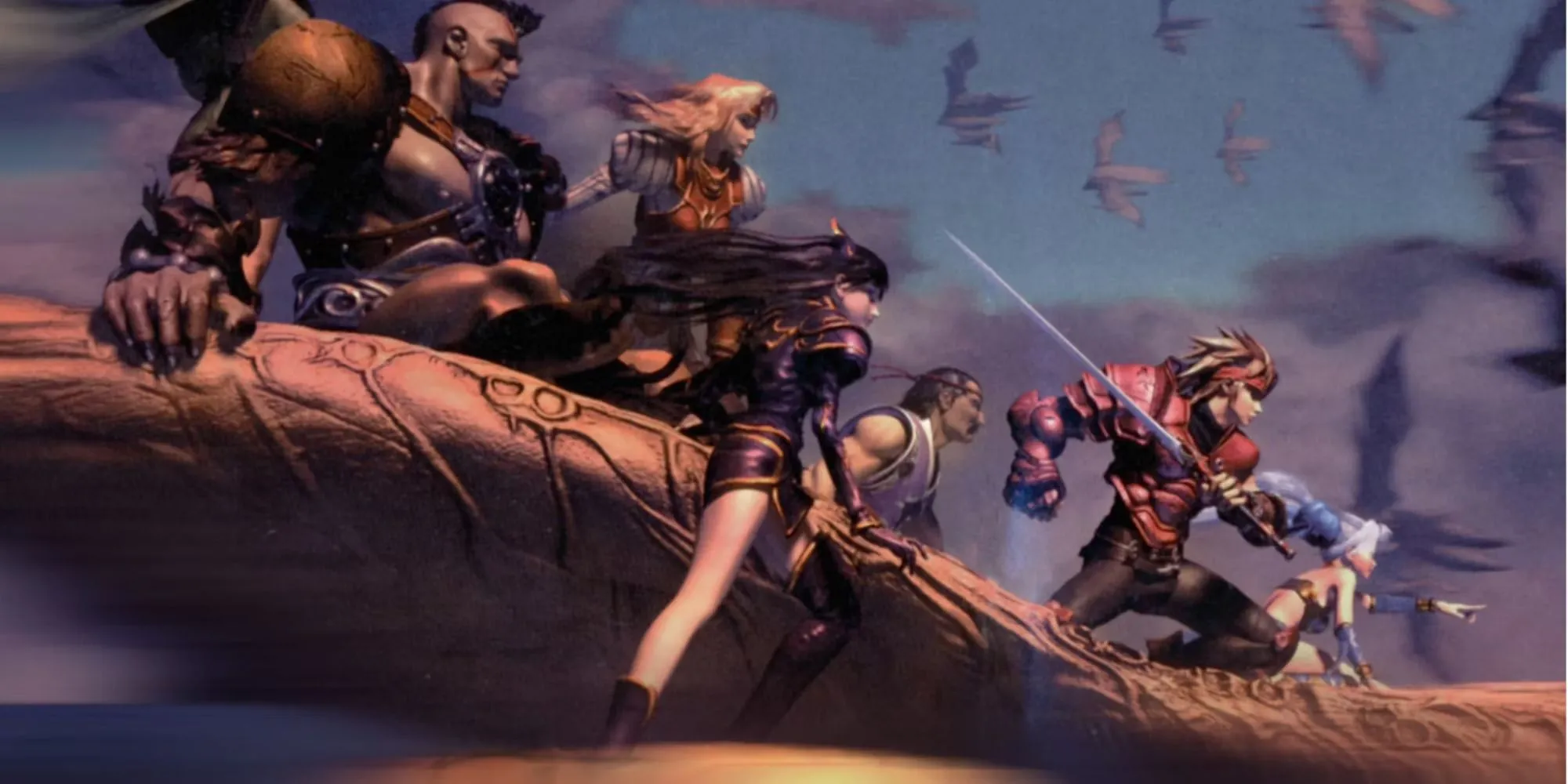 Nhân vật Dart, Meru và Kongol cưỡi rồng trong Legend of Dragoon