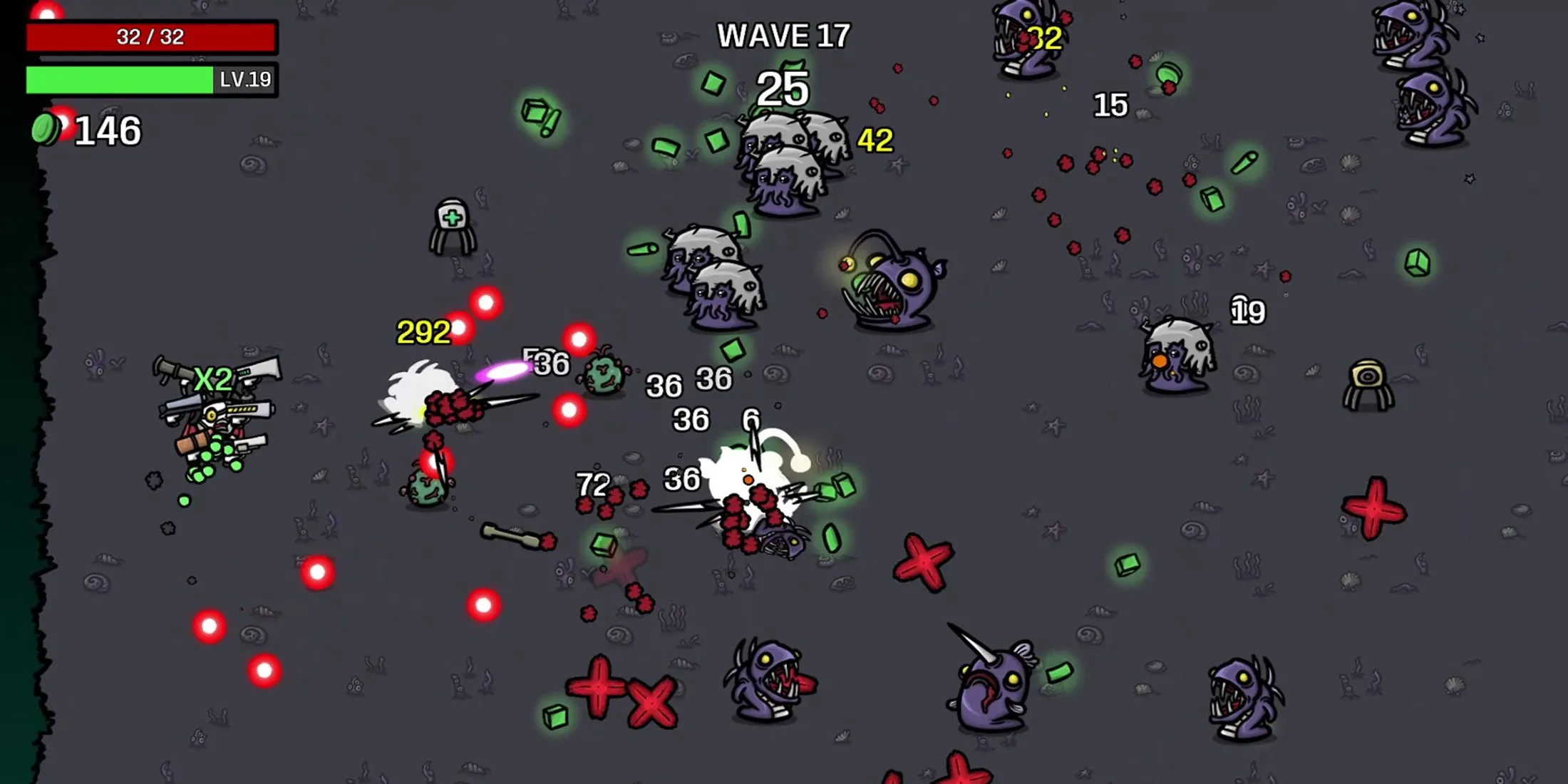Nhân vật khoai tây đang ưu tiên tấn công các mục tiêu khác nhau trong game roguelike Brotato
