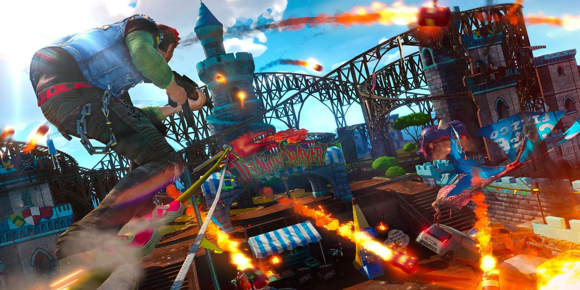 Nhân vật trượt trên đường ray trong gameplay độc đáo của Sunset Overdrive