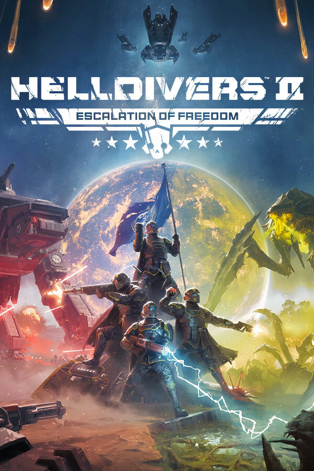 Nhiều hình ảnh tổng hợp từ game Helldivers 2, bao gồm tàu mẹ, cảnh chiến đấu và môi trường hành tinh