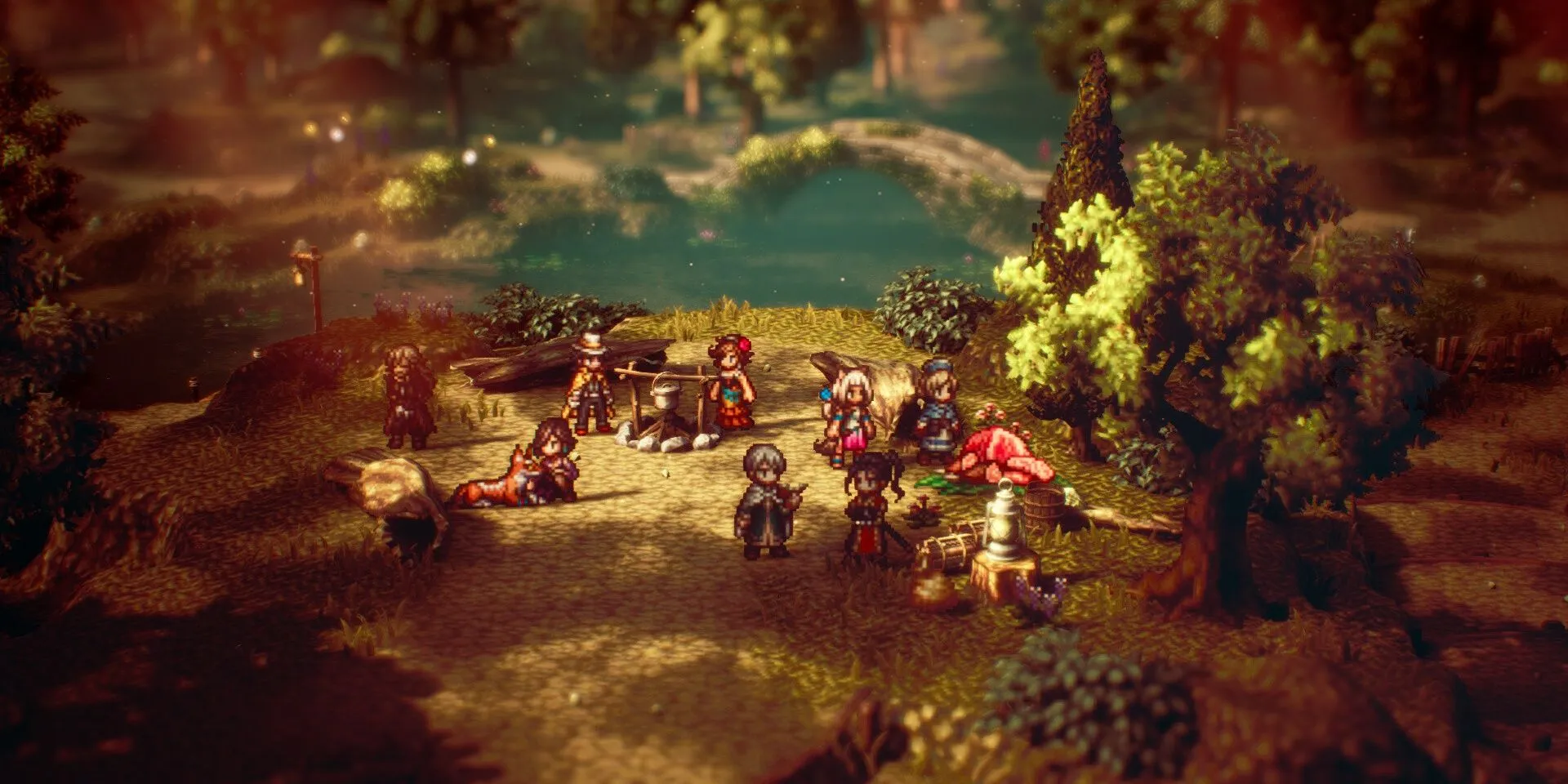 Nhóm tám nhân vật chính quây quần bên lửa trại trong Octopath Traveler 2