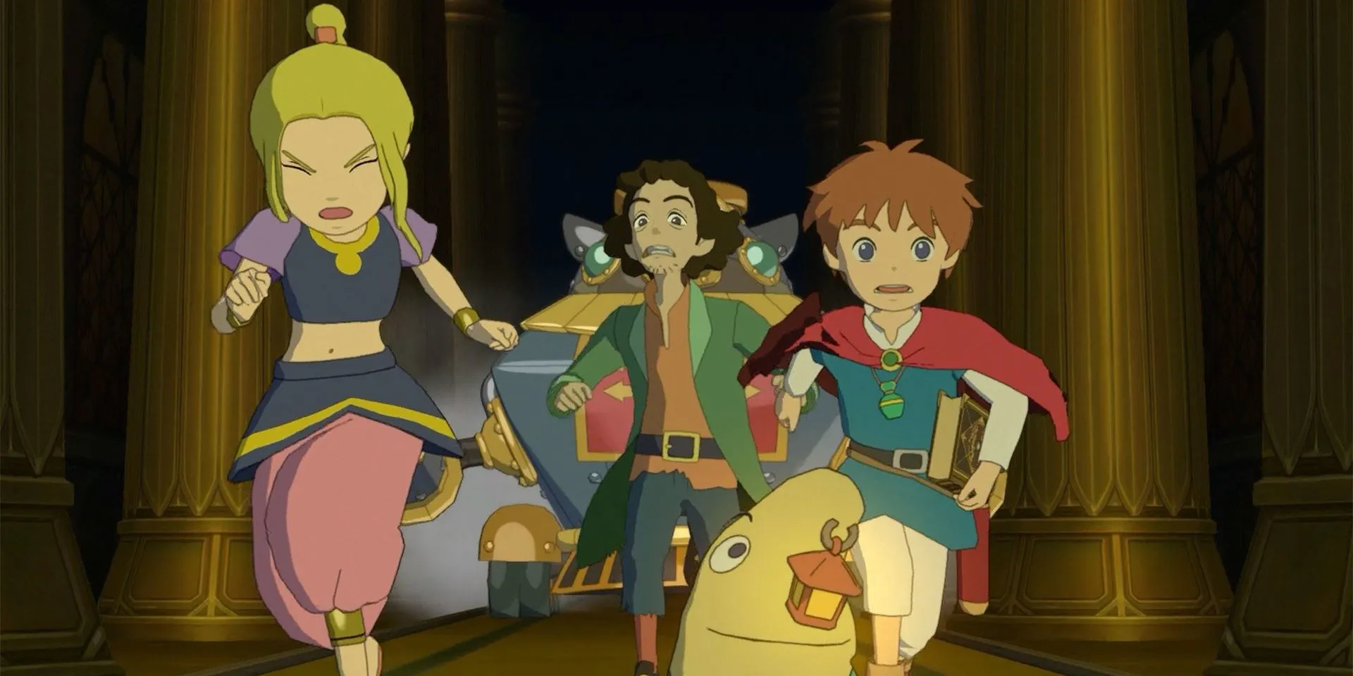 Oliver và đồng đội chạy trốn khỏi robot trong game hành động JRPG Ni no Kuni Wrath of the White Witch