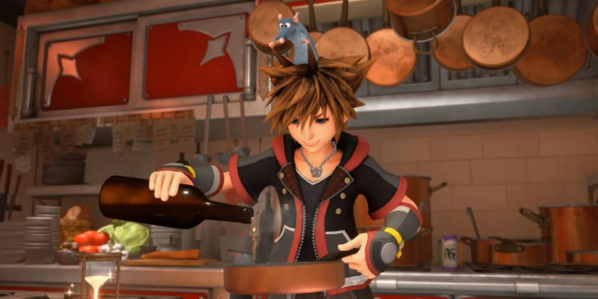 Sora và Remy (Ratatouille) đang cùng nấu ăn trong nhà bếp Le Grand Bistrot ở Kingdom Hearts 3