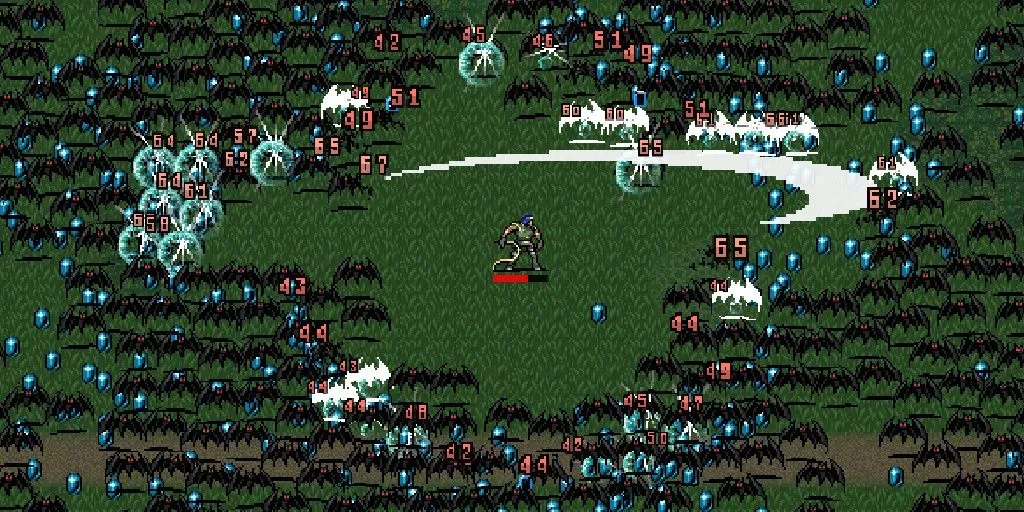 Sử dụng roi để tấn công kẻ thù trong game roguelike Vampire Survivors