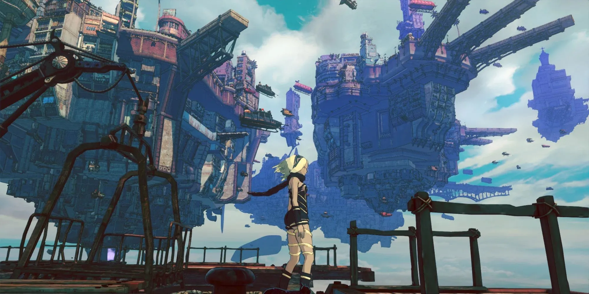 Thế giới các hòn đảo lơ lửng và bầu trời trong game Gravity Rush 2, đặc trưng bối cảnh game