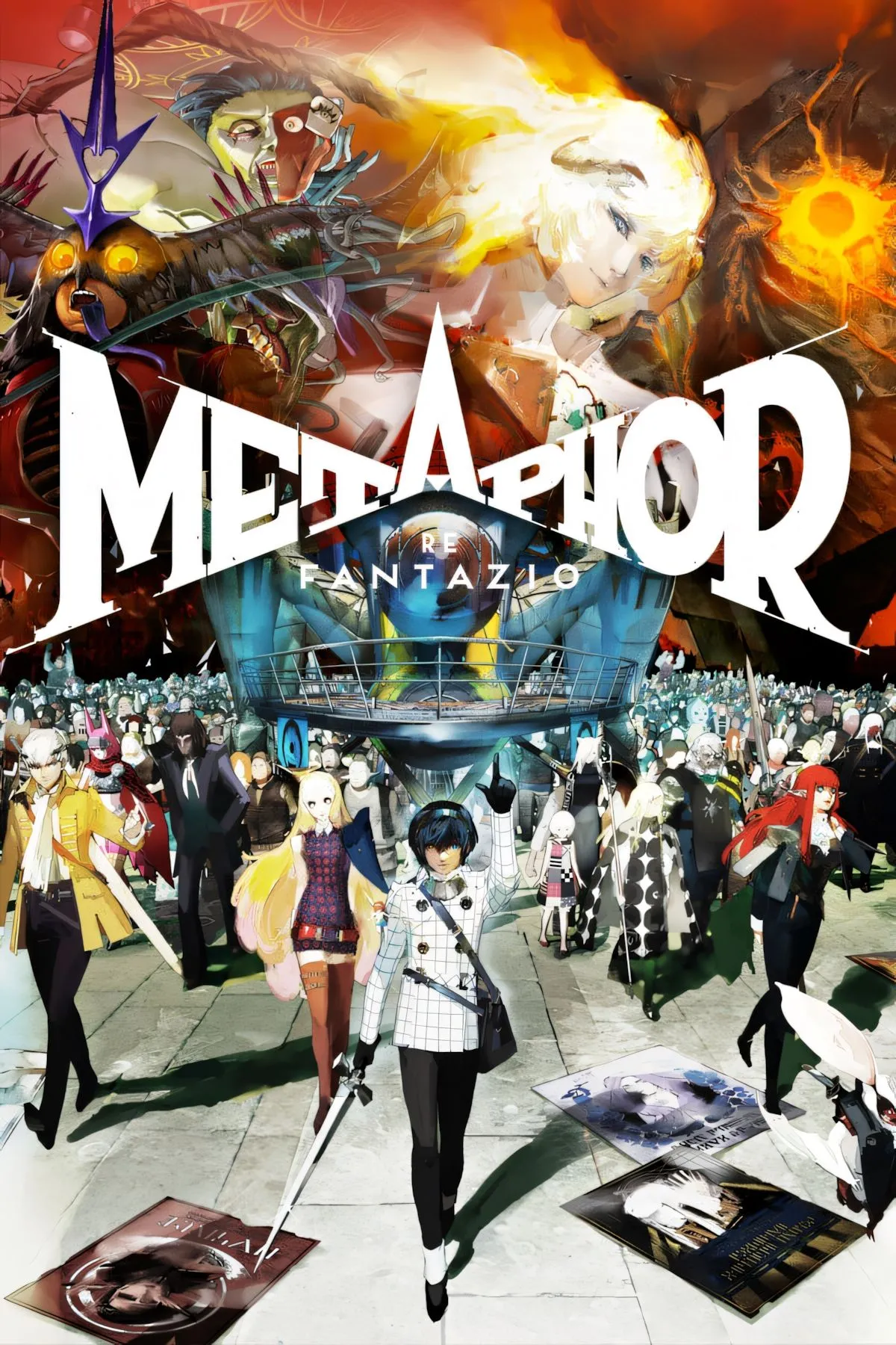 Ảnh bìa game Metaphor ReFantazio với các nhân vật và logo nổi bật.