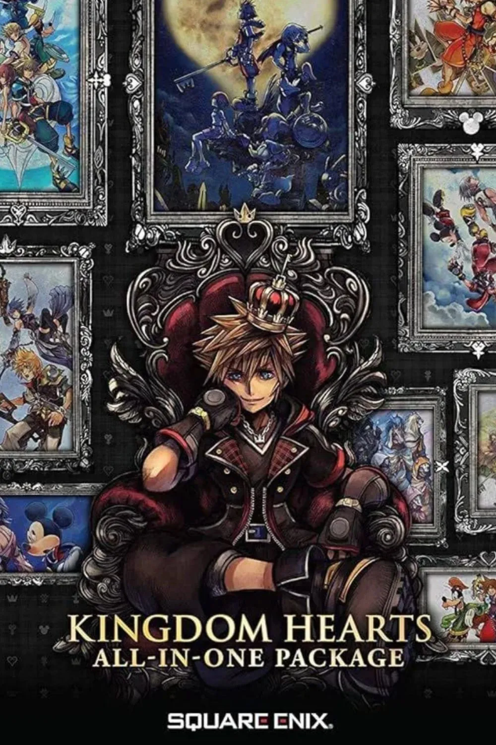 Ảnh bìa KINGDOM HEARTS All-In-One Package, thể hiện sự kết hợp giữa các nhân vật Disney và Final Fantasy.