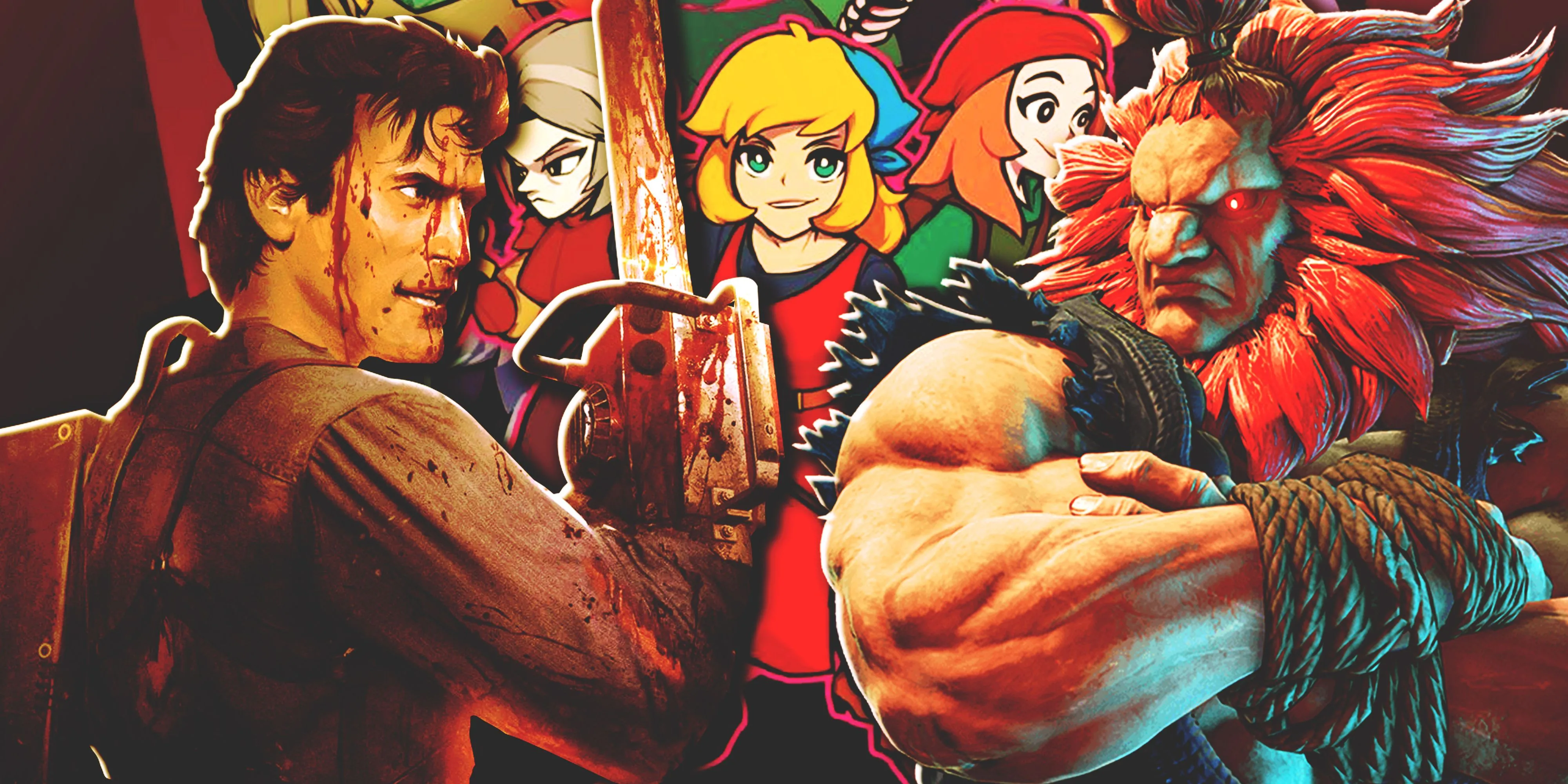 Ash Williams từ Evil Dead và Akuma từ Street Fighter bên cạnh poster Crypt of The NecroDancer, minh họa các tựa game có thử thách cao cho game thủ.