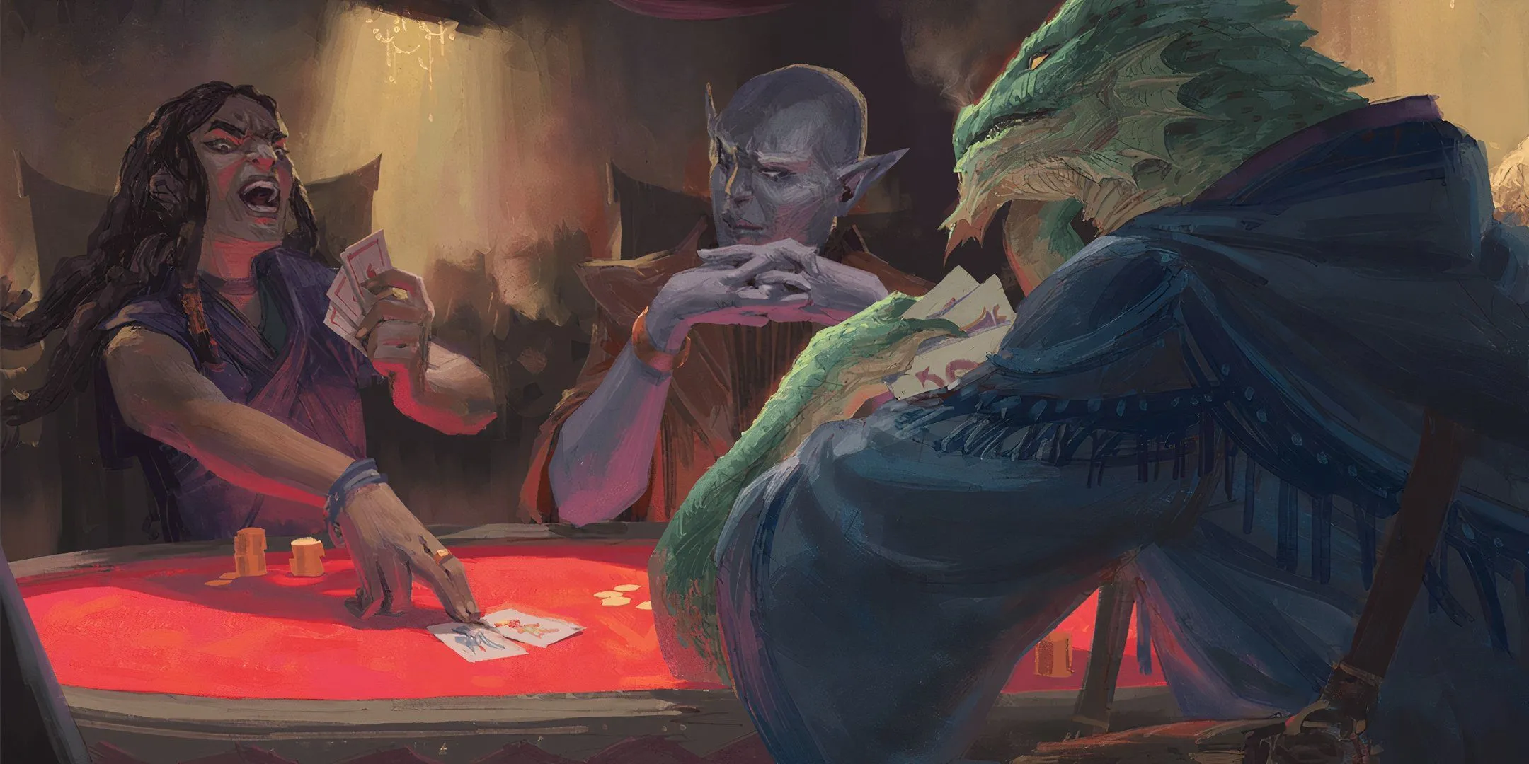 Ba người chơi đang chơi bài Three-Dragon Ante, minh họa cho khía cạnh giao tiếp và nhập vai trong D&amp;D.