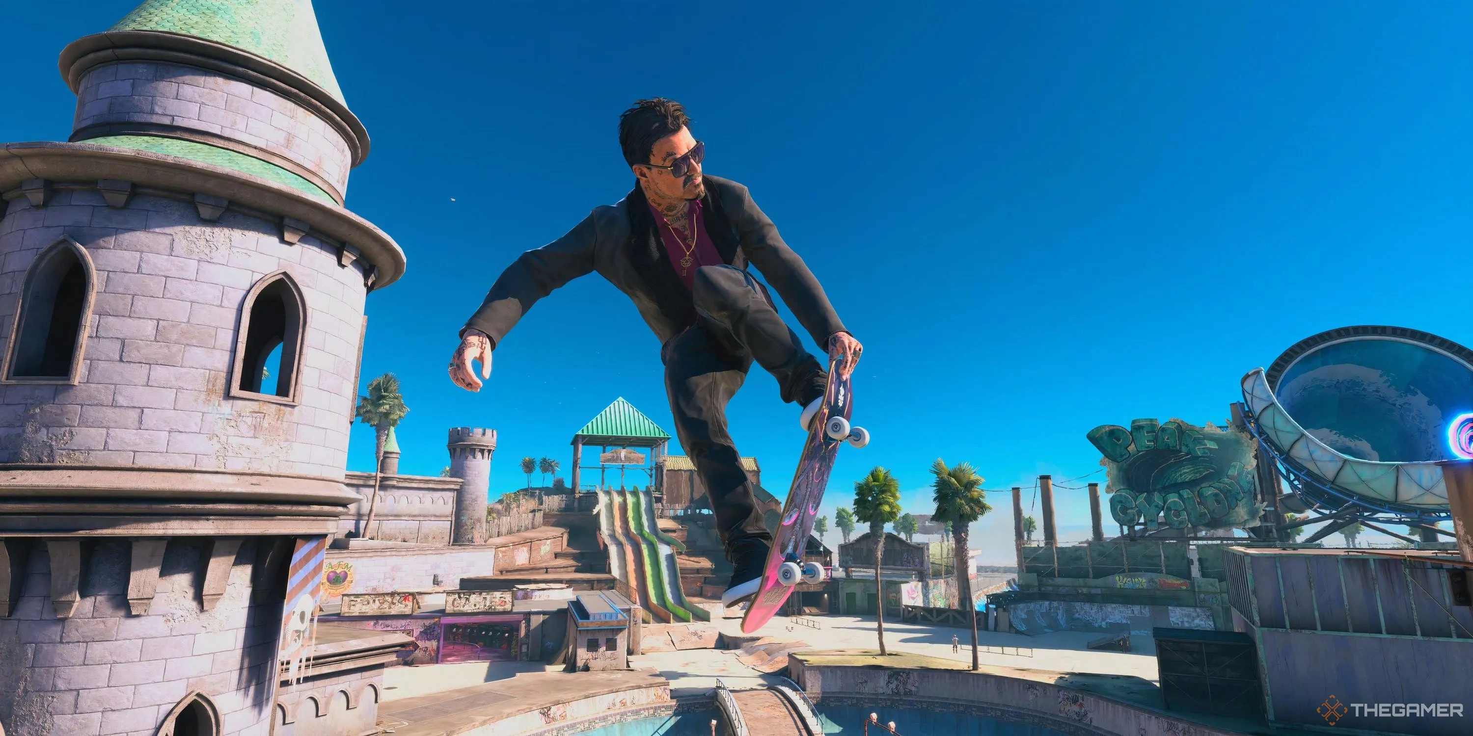 Bam Margera thực hiện cú nosegrab tại cấp độ Waterpark trong Tony Hawk's Pro Skater 3+4