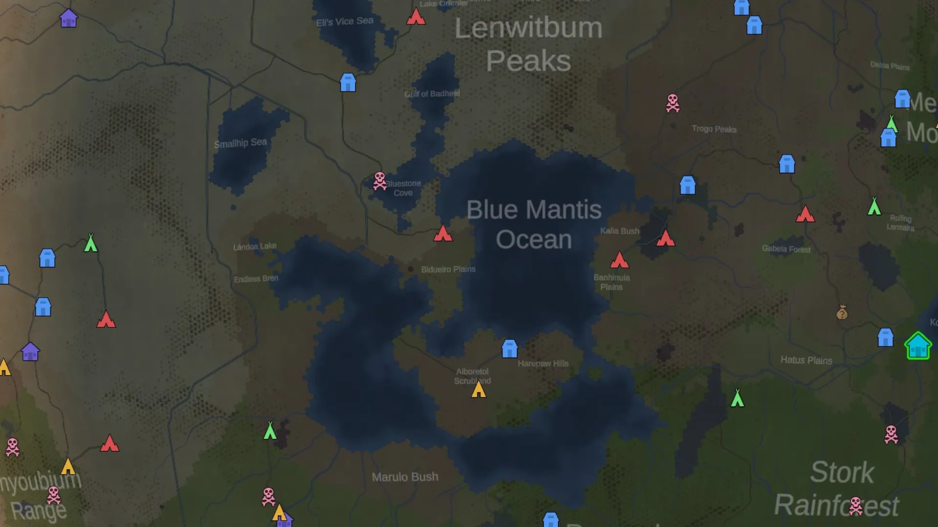 Bản đồ thế giới trong RimWorld Odyssey, hiển thị các khu vực có thể xây dựng và nguồn nước phù hợp cho việc câu cá