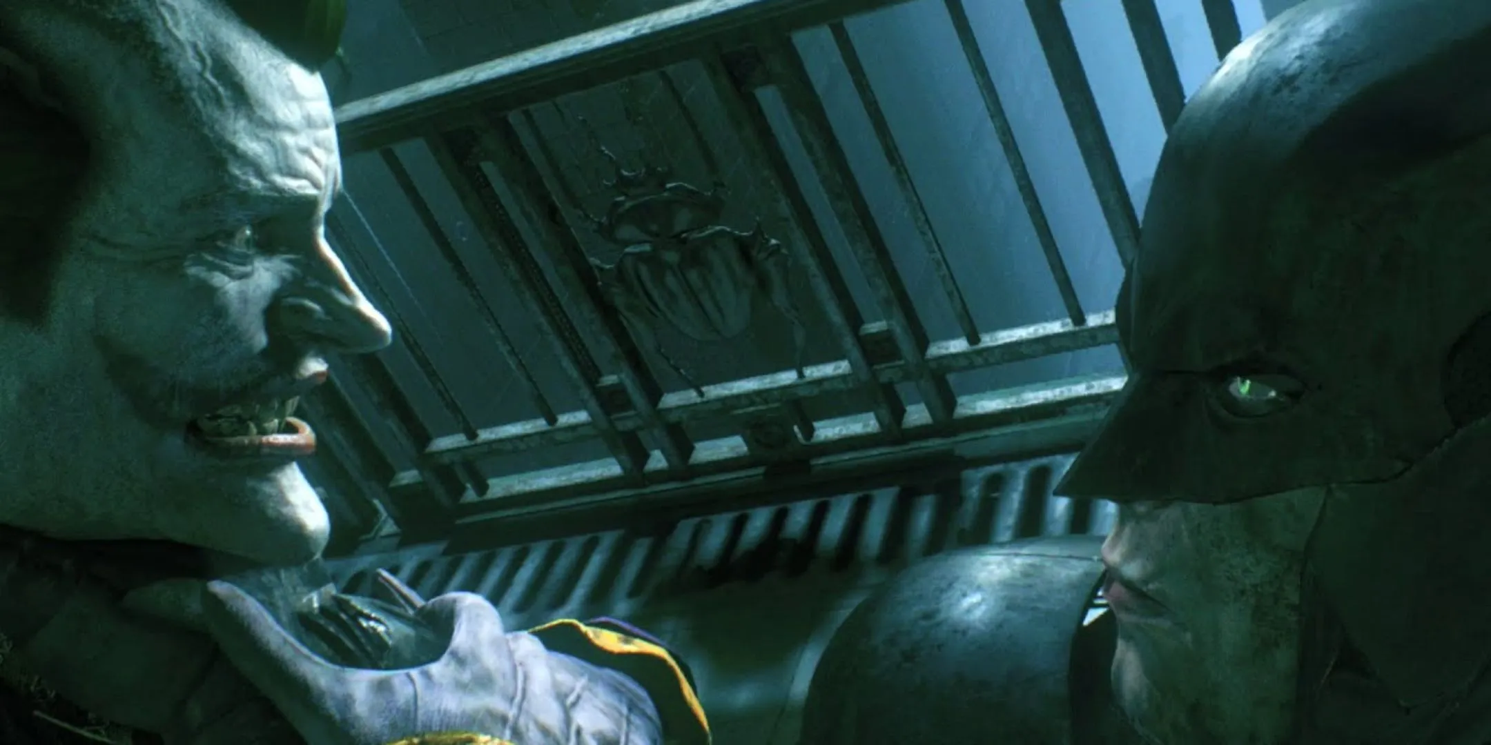 Batman giữ Joker ở cổ họng trong Batman Arkham Knight