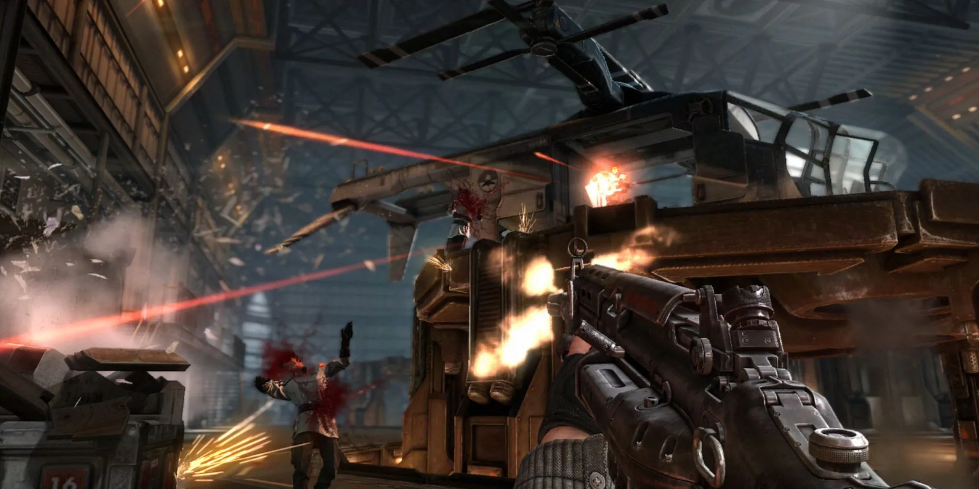 BJ Blazkowicz đối đầu với quân phát xít trong Wolfenstein: The New Order, thể hiện lối chơi bắn súng nặng ký và bạo lực