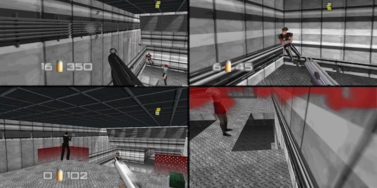 Bốn game thủ chơi game đối kháng nhiều người chơi trên một màn hình chia đôi trong GoldenEye 007