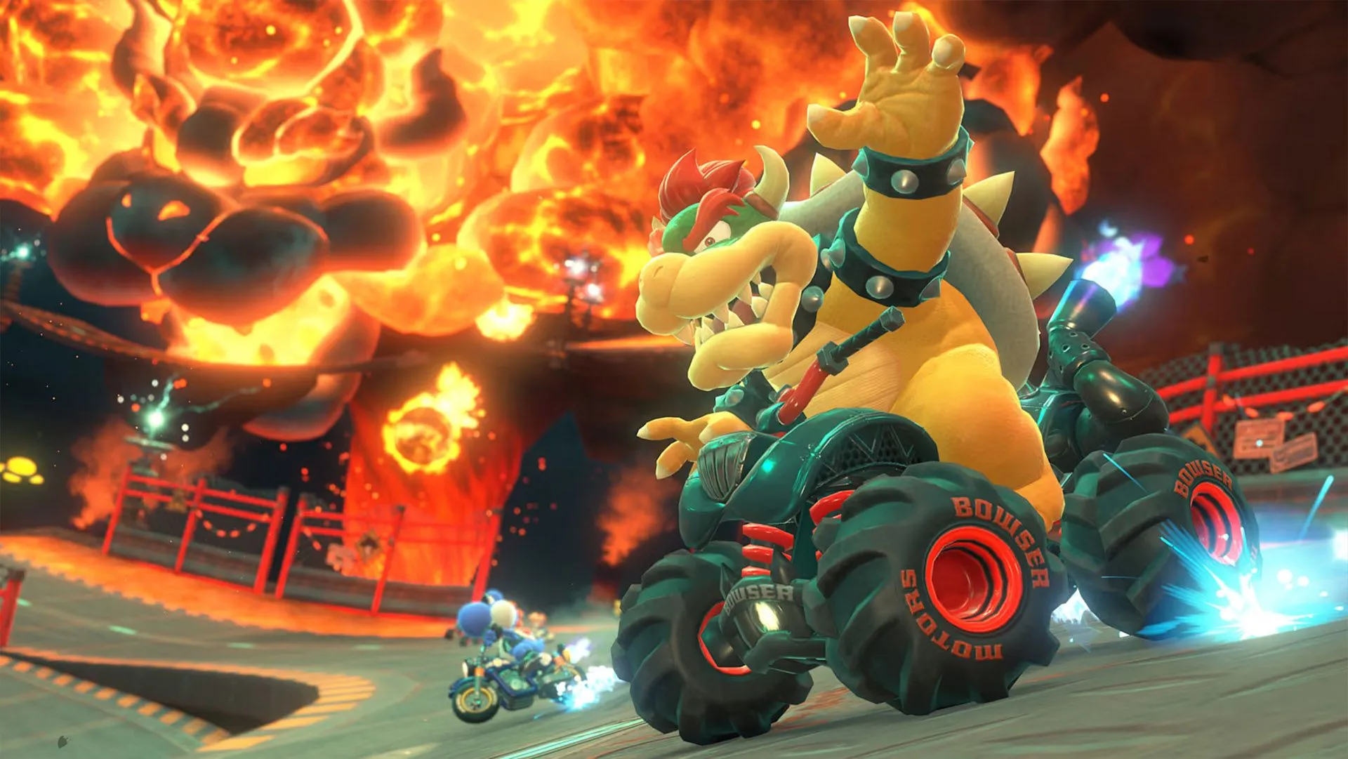 Bowser phun lửa trong một đường đua mới của Mario Kart World, minh họa sự đa dạng bản đồ