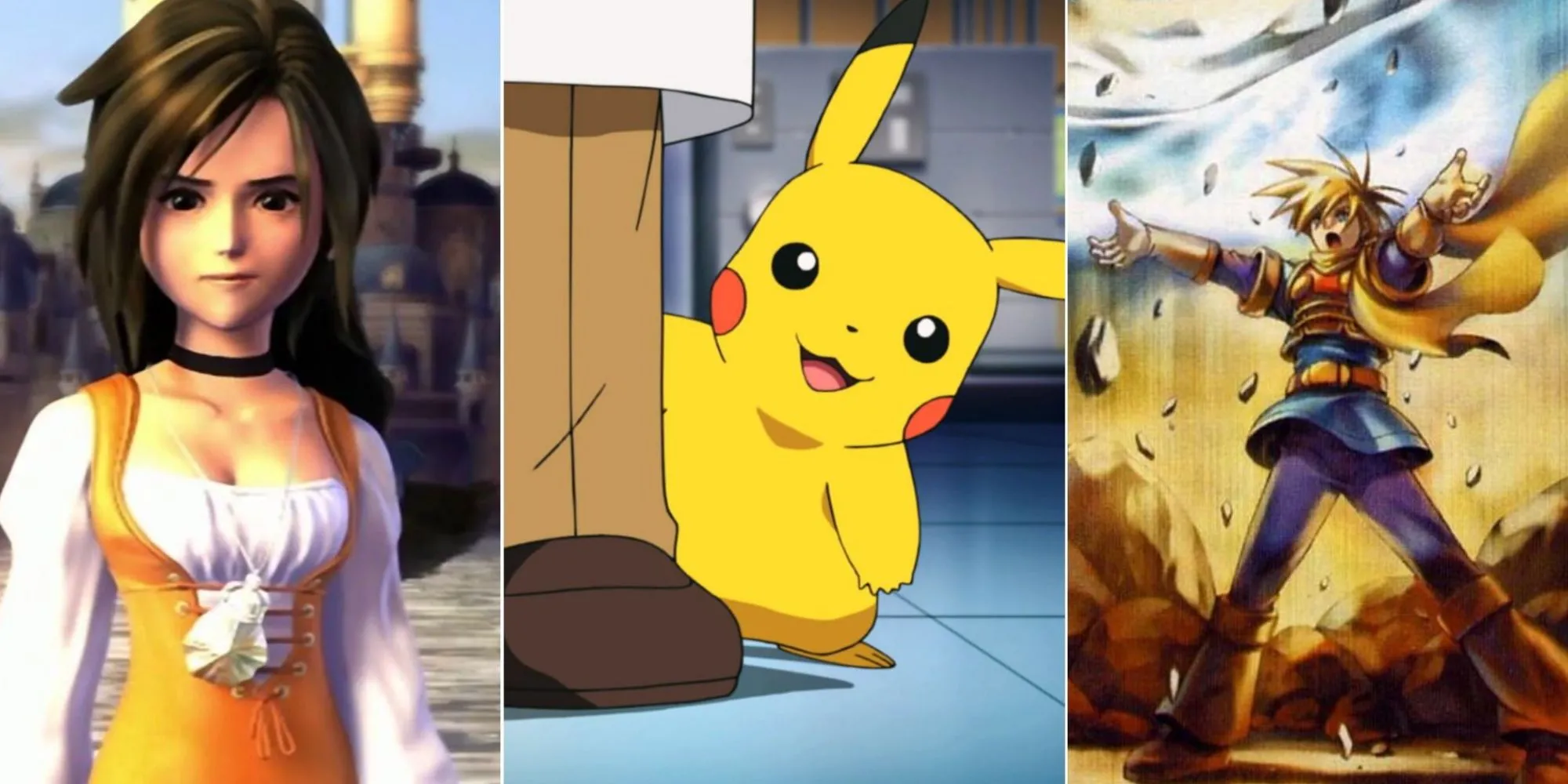 Các nhân vật tiêu biểu của JRPG: Garnet (FF9), Pikachu (Pokemon), Isaac (Golden Sun), thể hiện sự đa dạng của thể loại.