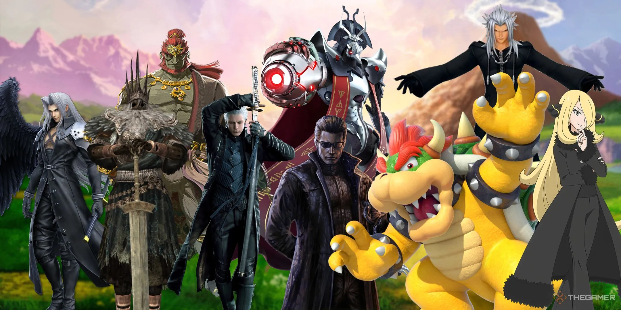 Các nhân vật trùm như Wesker, Ganondorf và Xemnas trên nền Hyrule Field mờ