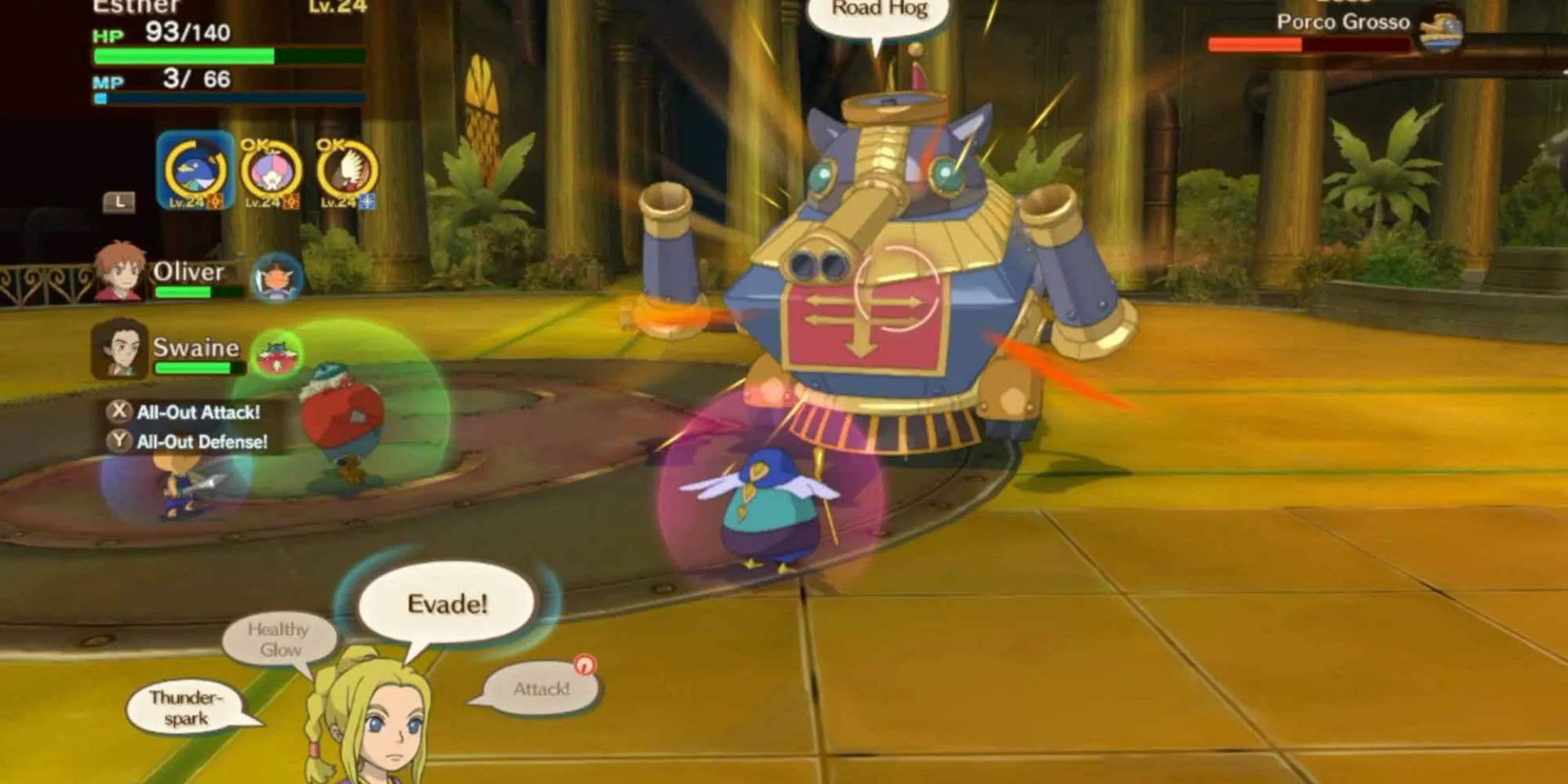 Cảnh chiến đấu đầy màu sắc trong Ni no Kuni: Wrath of the White Witch với phong cách đồ họa Studio Ghibli