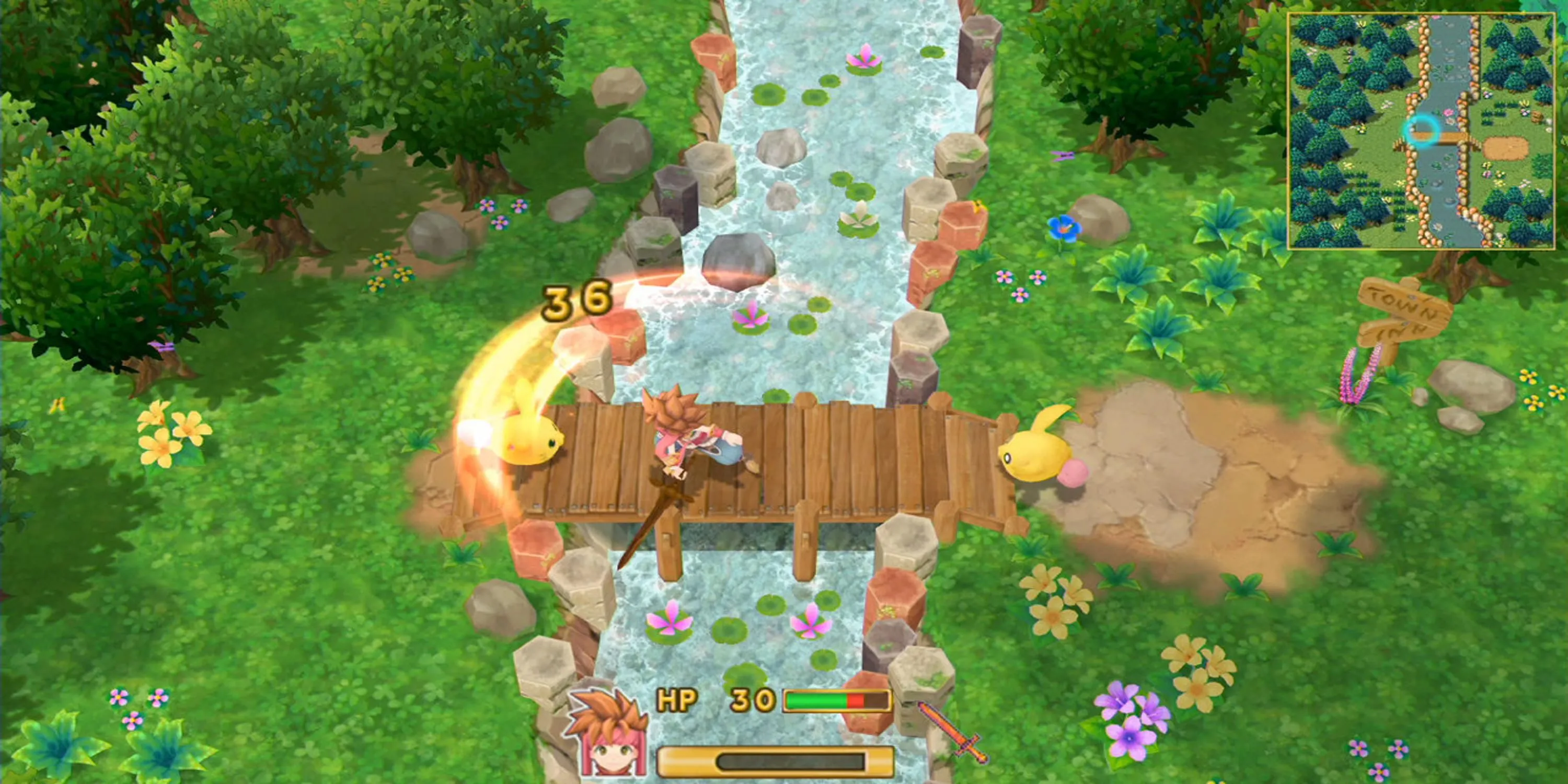 Cảnh chiến đấu thời gian thực trong Secret of Mana (2018), minh họa cơ chế RPG hành động