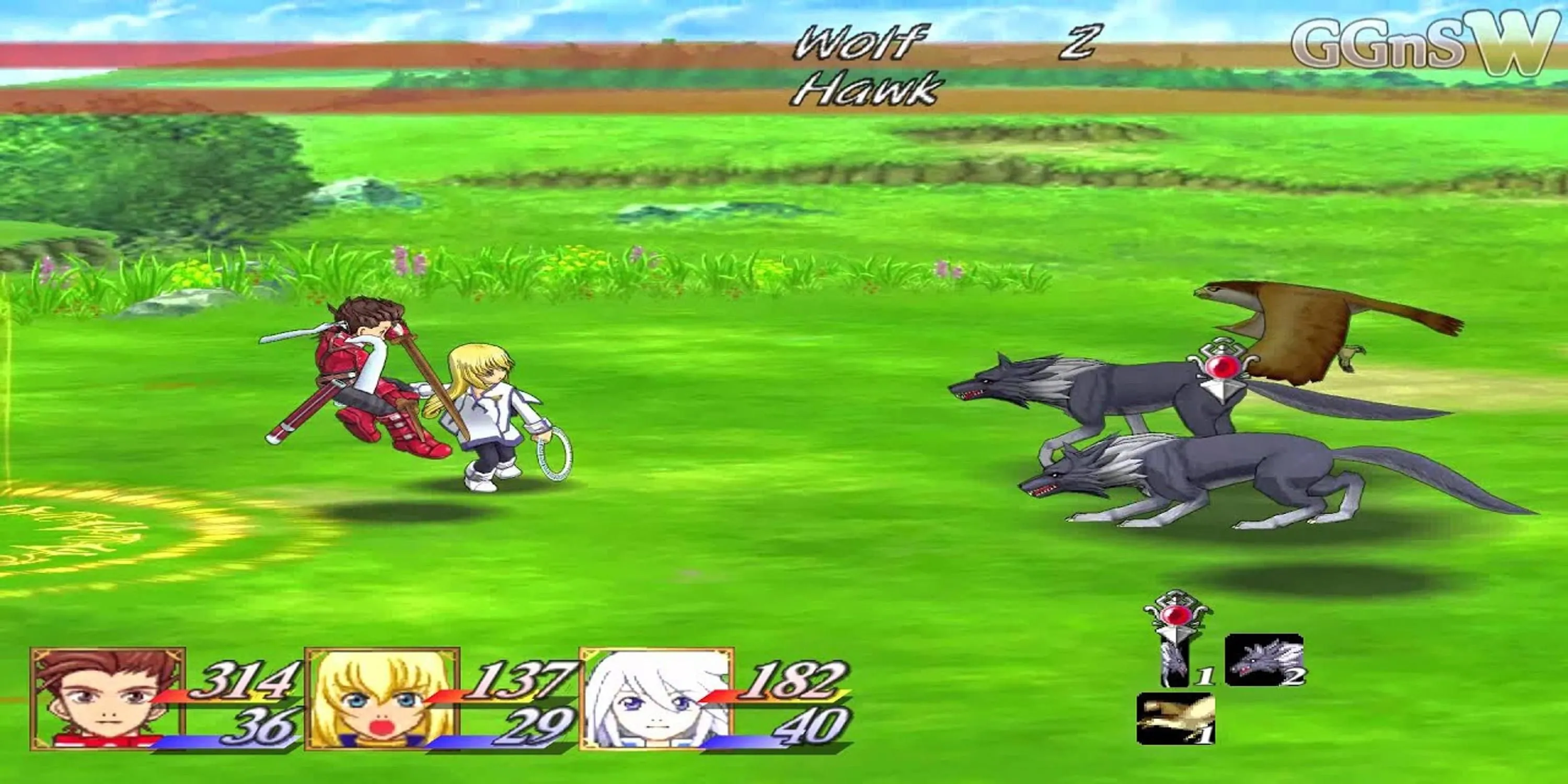 Cảnh chiến đấu trong Tales of Symphonia, nhân vật tấn công hai con sói và một con diều hâu, minh họa hệ thống Linear Motion Battle System của JRPG kinh điển này.