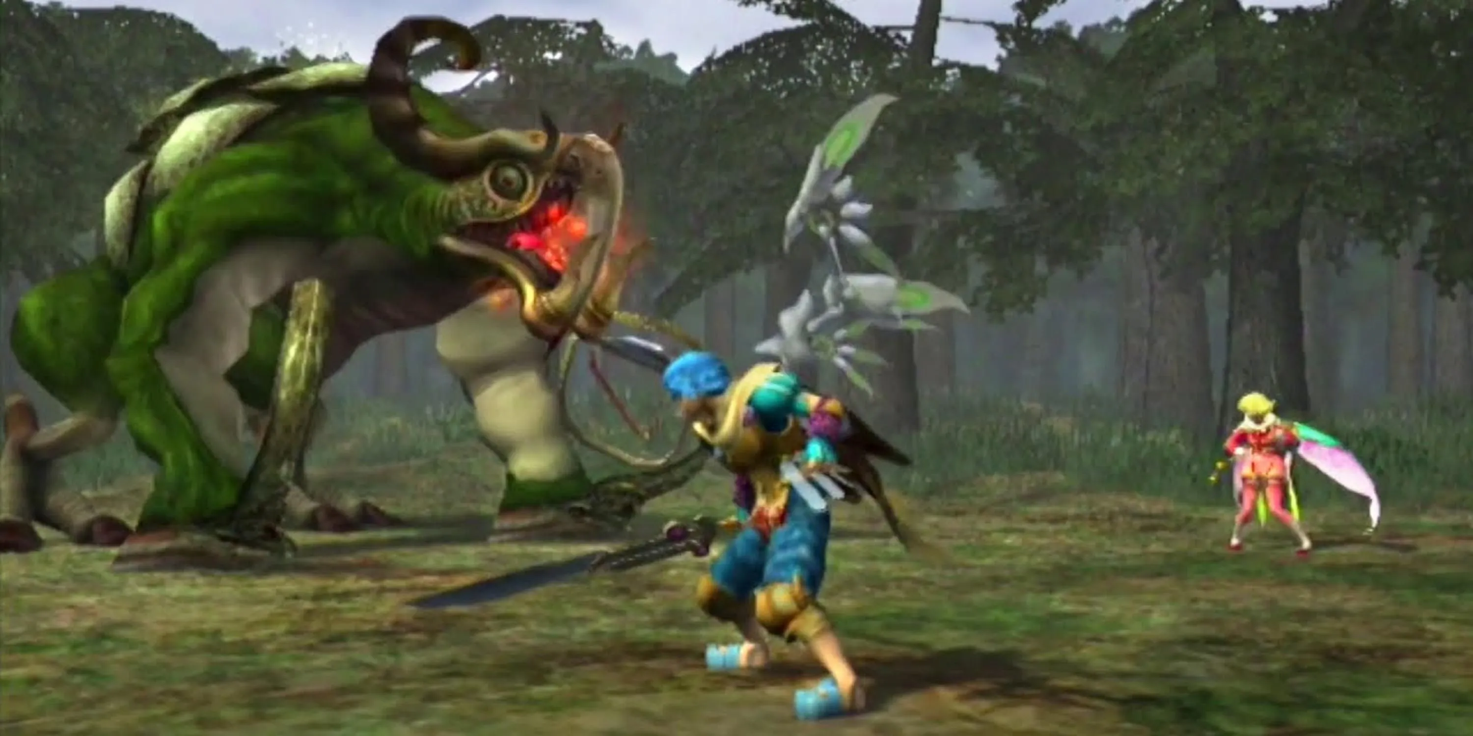 Cảnh chiến đấu với quái vật trong Baten Kaitos: Eternal Wings and the Lost Ocean, minh họa cơ chế Magnus cards độc đáo và đồ họa nền prerendered tuyệt đẹp.