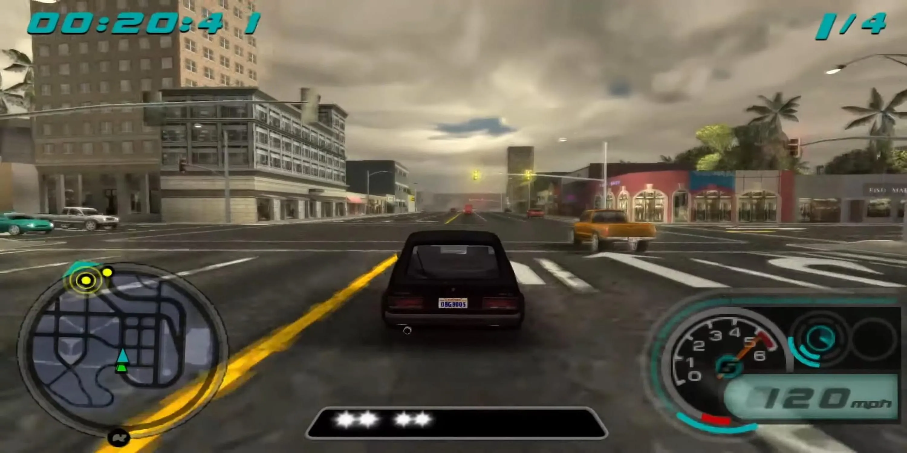 Cảnh đua xe đường phố tốc độ cao trong Midnight Club LA Remix trên PSP, thể hiện đồ họa ấn tượng của game.