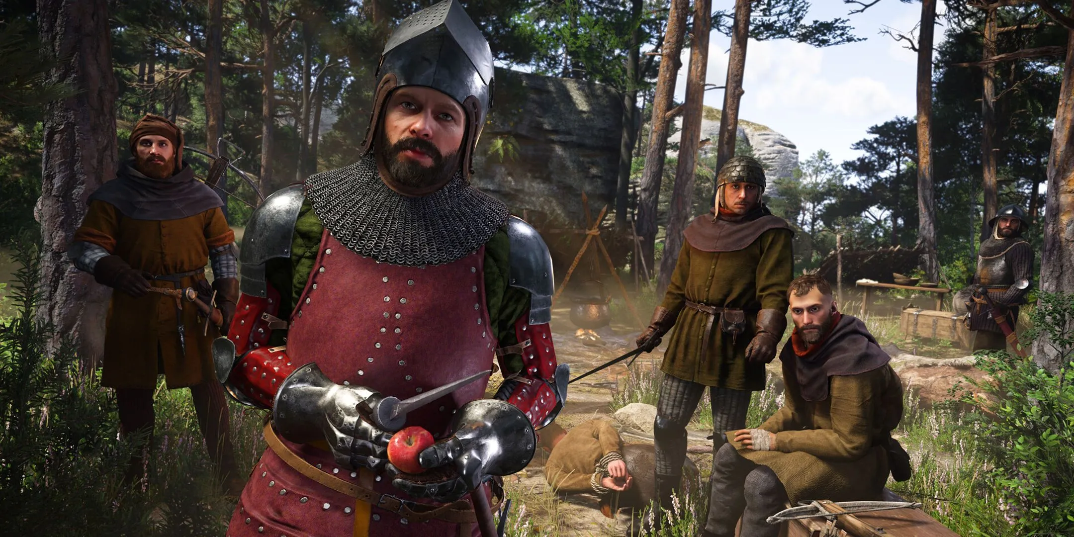 Cảnh đụng độ tại trại cướp trong Kingdom Come: Deliverance 2, minh họa loại nhiệm vụ càn quét trại địch phổ biến trong game thế giới mở.