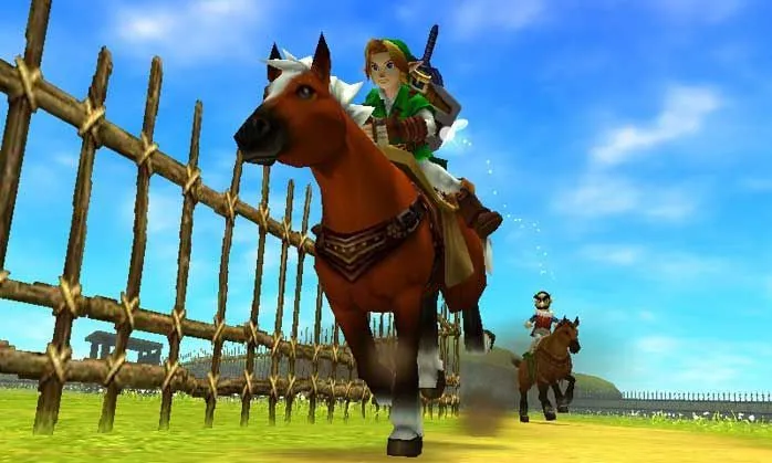 Cảnh hành động của Link trong The Legend of Zelda Ocarina of Time 3D, có thể là trận đấu trùm