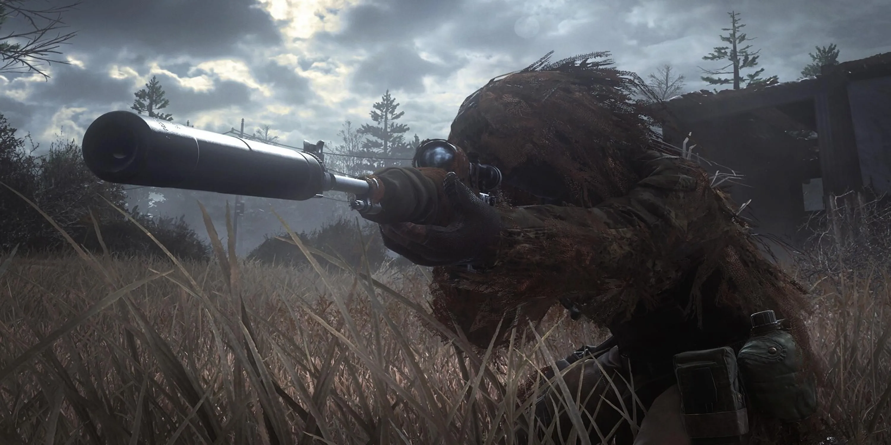 Captain Price trong bộ đồ ngụy trang lá, chuẩn bị cho nhiệm vụ bắn tỉa huyền thoại trong Call of Duty 4: Modern Warfare