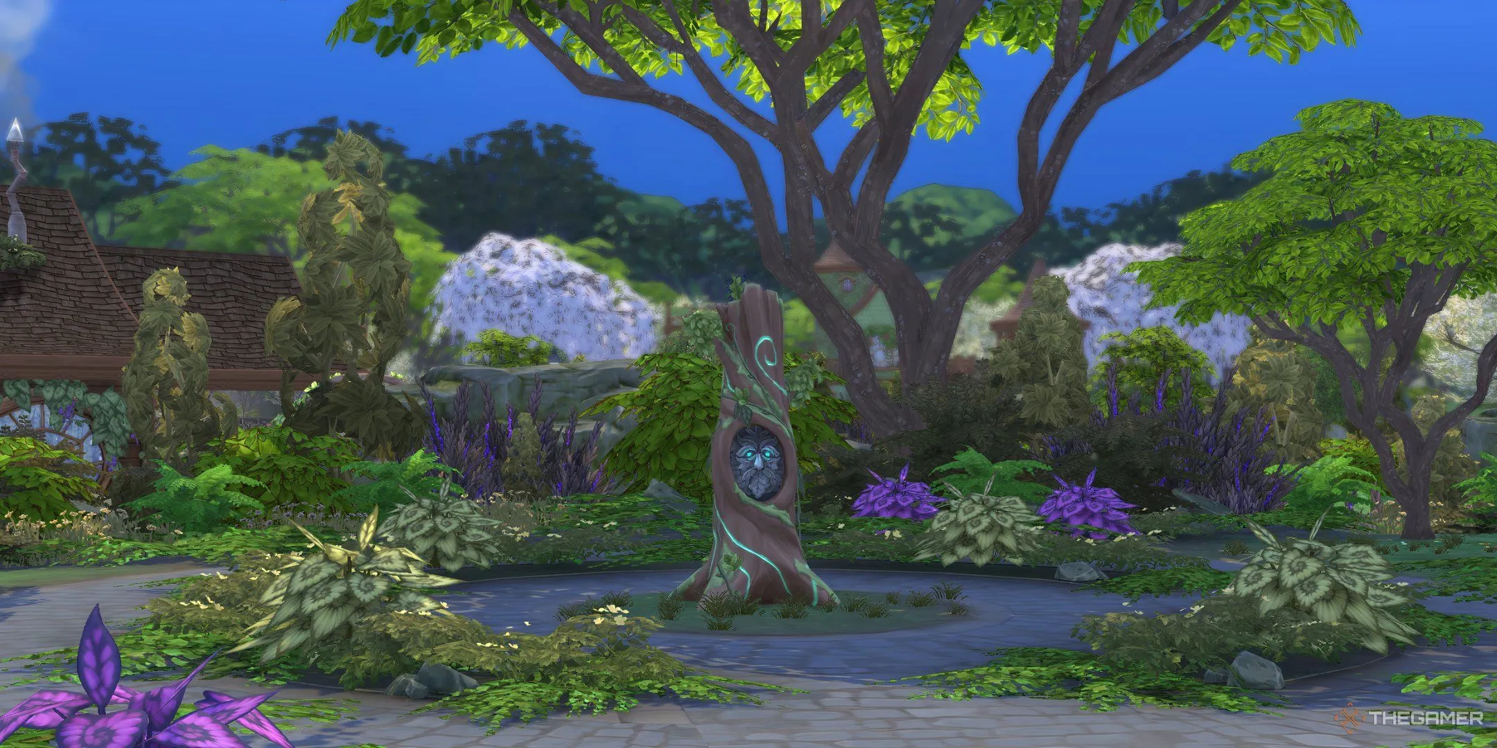 Cây Glasswood nằm trong vòng tròn đá ở Rừng Sprucederry trong The Sims 4 Enchanted By Nature.