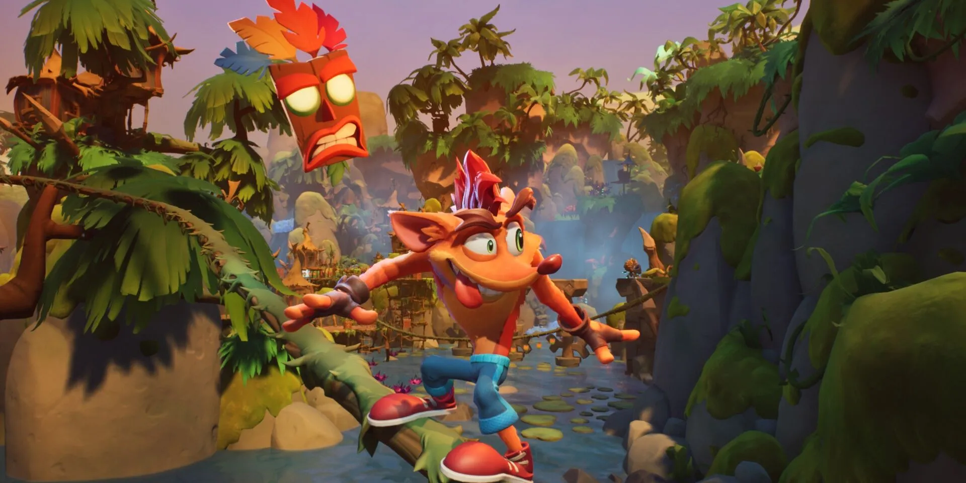 Crash đang lướt trên một sợi dây leo trong Crash Bandicoot 4