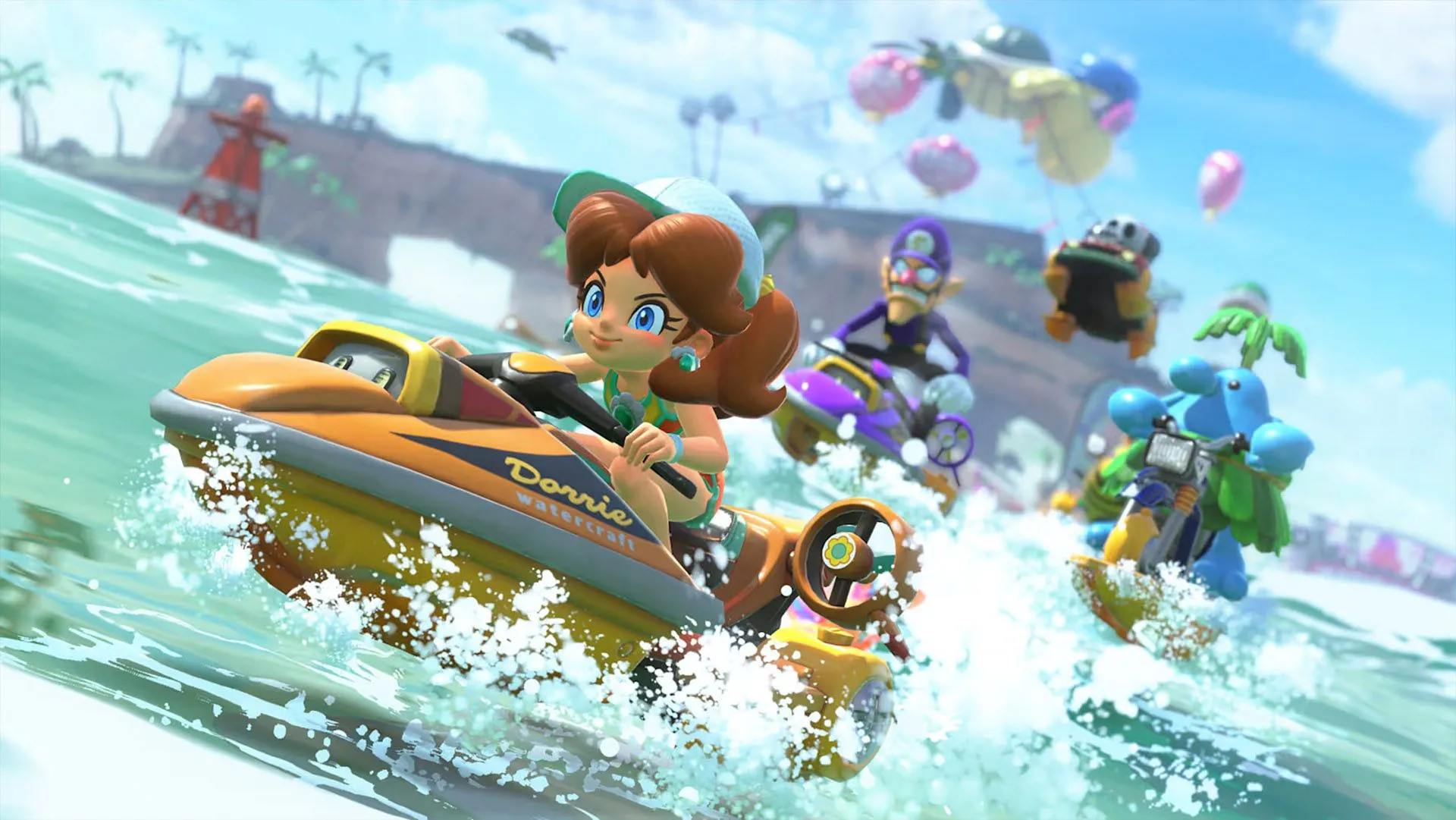 Daisy trên phương tiện Sea-Doo mới trong chế độ chơi đa dạng của Mario Kart World